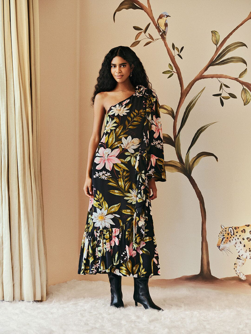 Black Surreal Flowers One-Shoulder Maxi Dress 1