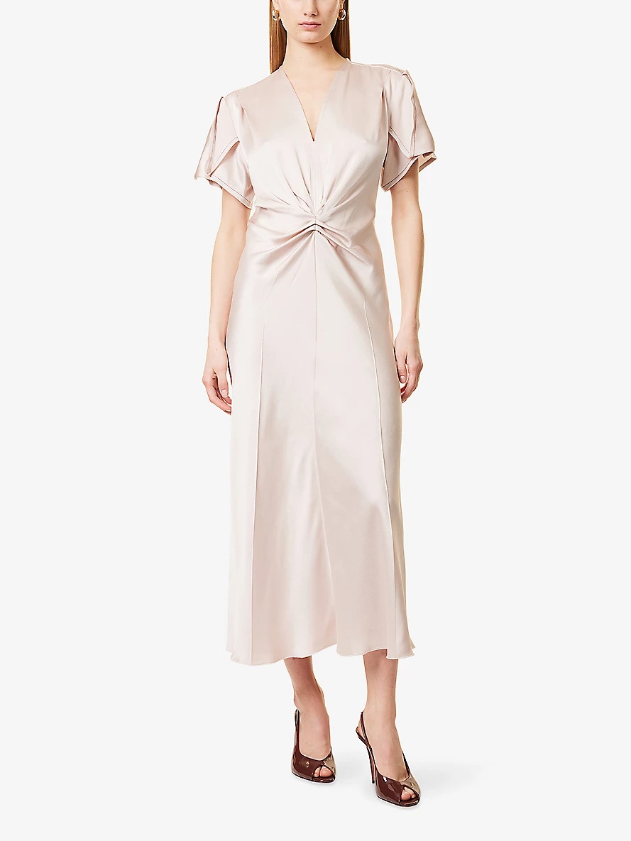 Draped Pleat V-Neck Satin Midi Dress - 3