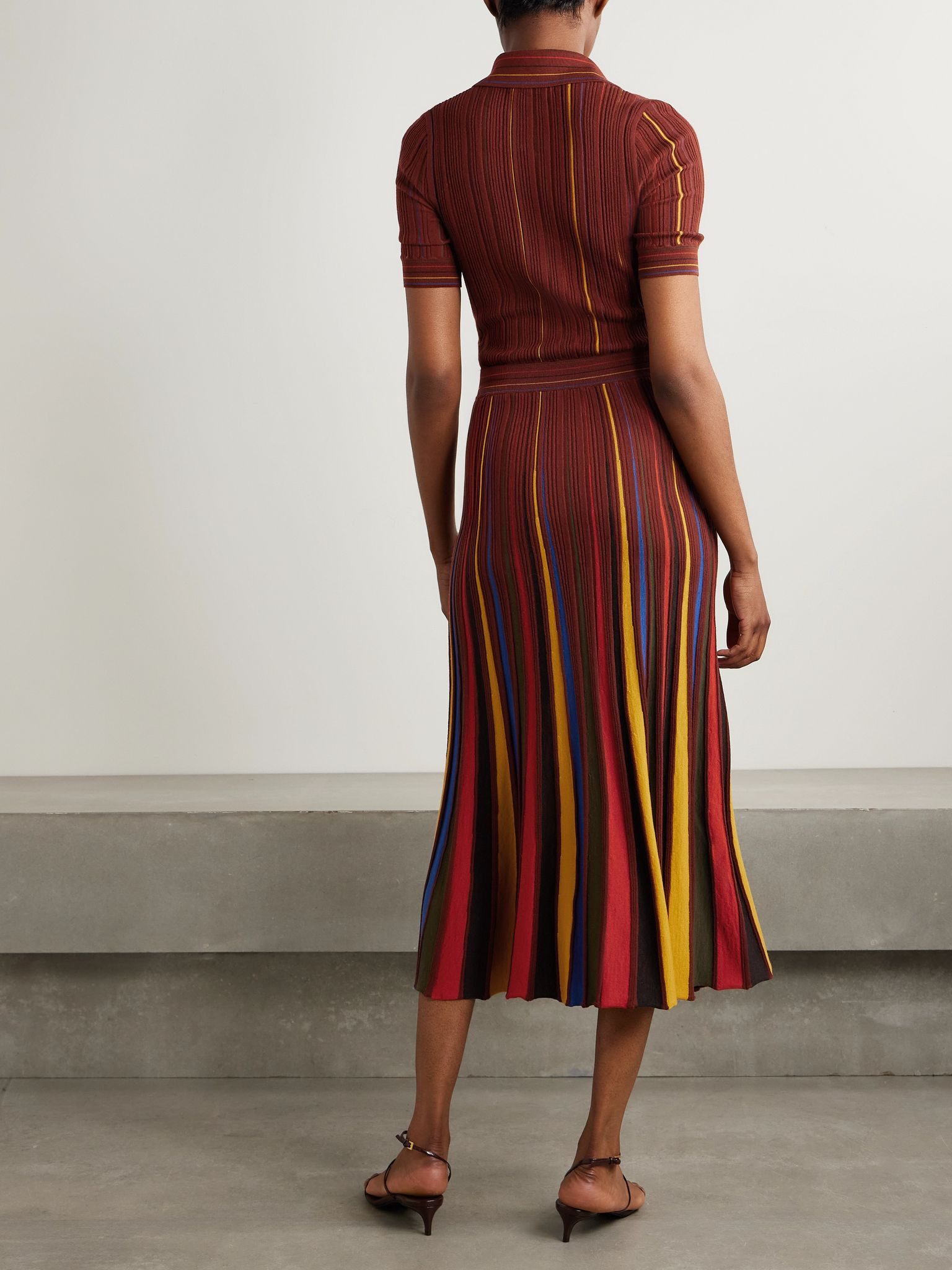 Calypso ribbed striped merino wool midi dress Burgundy - 3