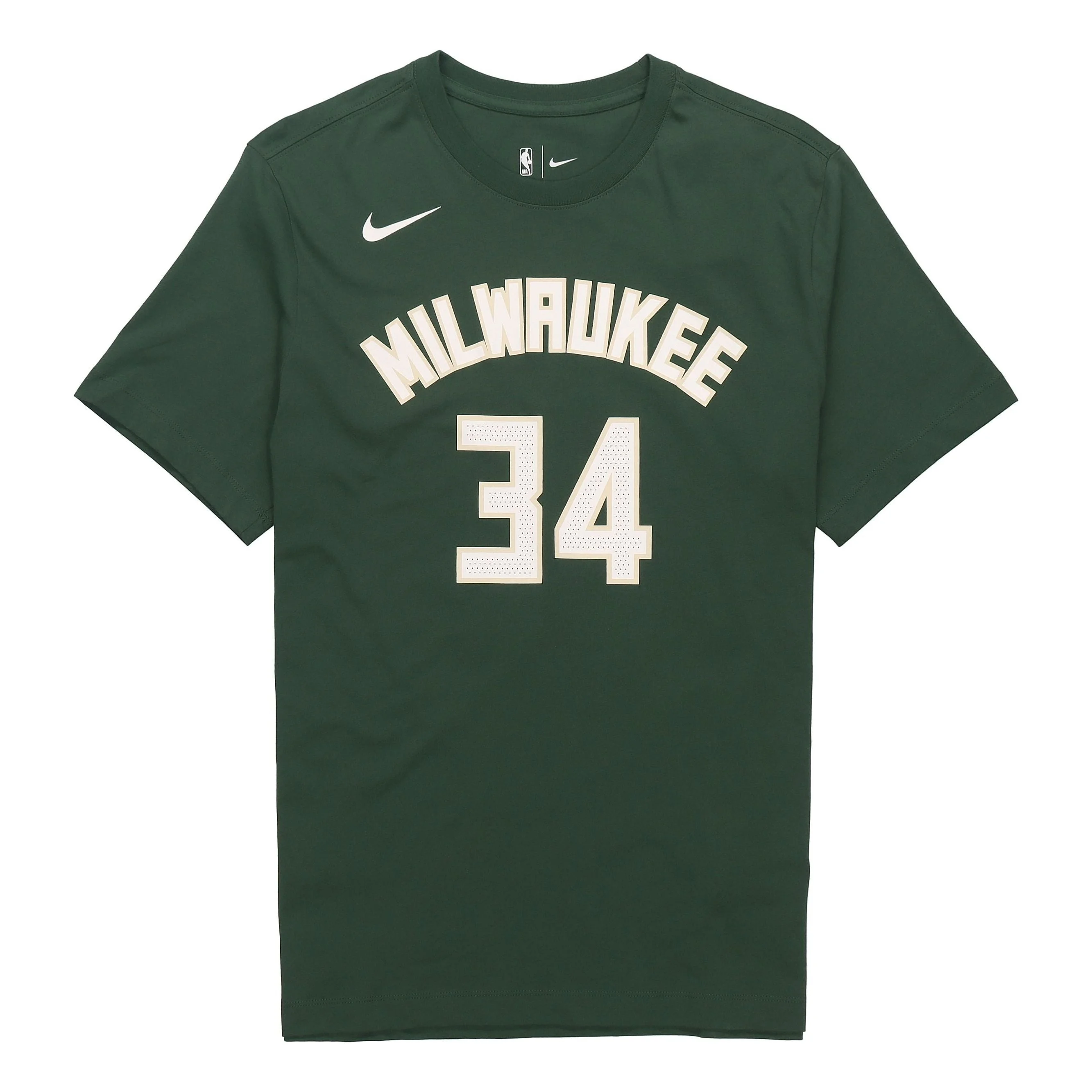 Men's Nike NBA Basketball Sports Round Neck Short Sleeve Milwaukee Bucks No.34 Green T-Shirt CV8535- - 1