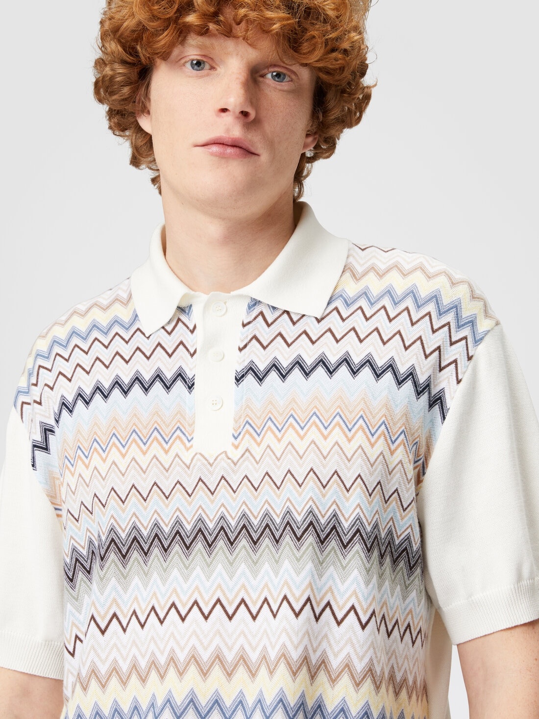 Zigzag cotton knit polo shirt with solid color inserts - 5