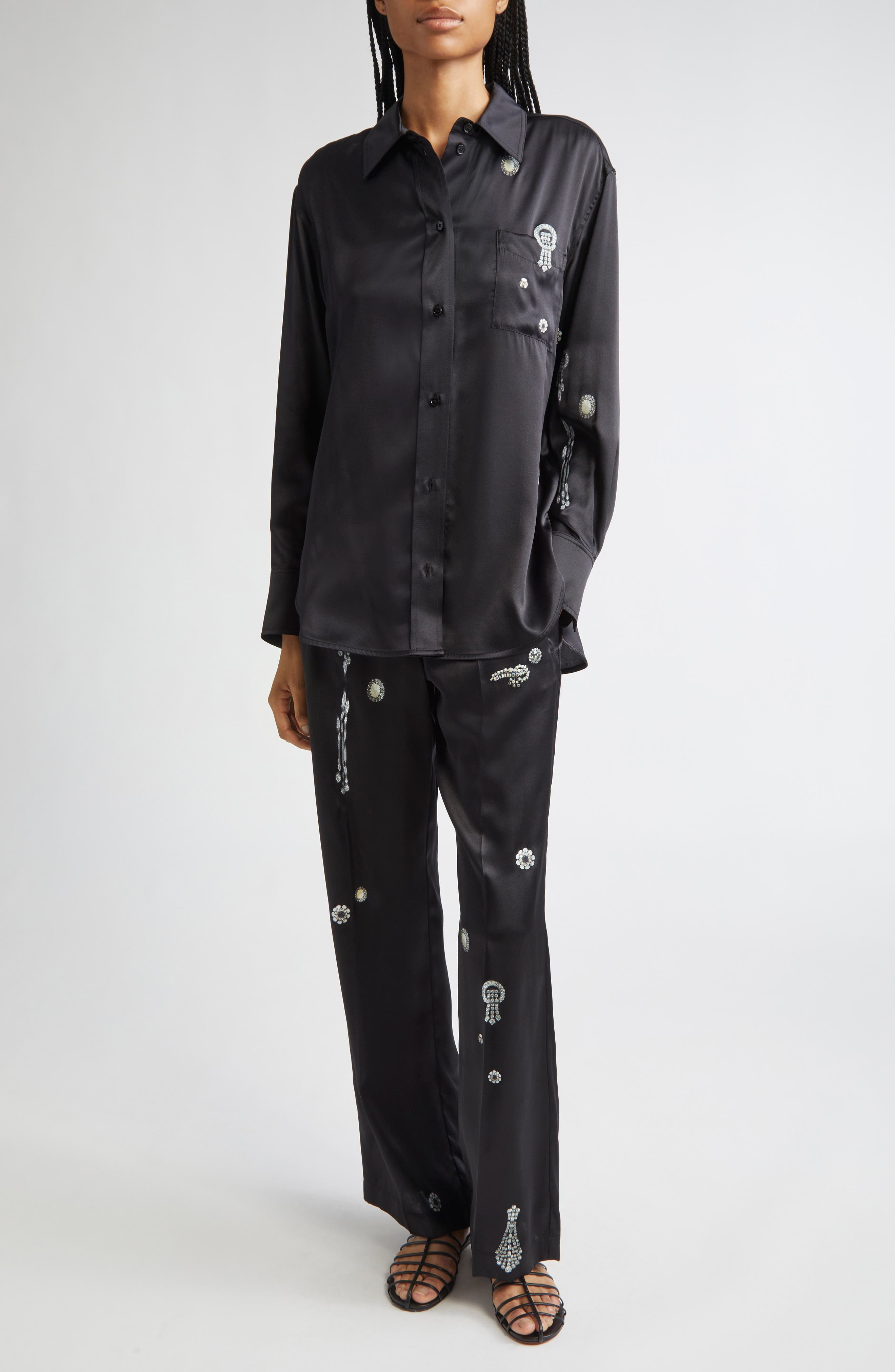 Victoria Beckham Crystal Print Silk Pajama Pants in Black at Nordstrom - 7