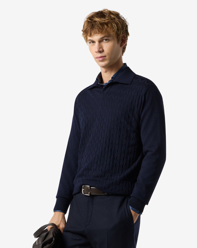 CORNELIANI Blue buttonless extra fine wool polo shirt outlook