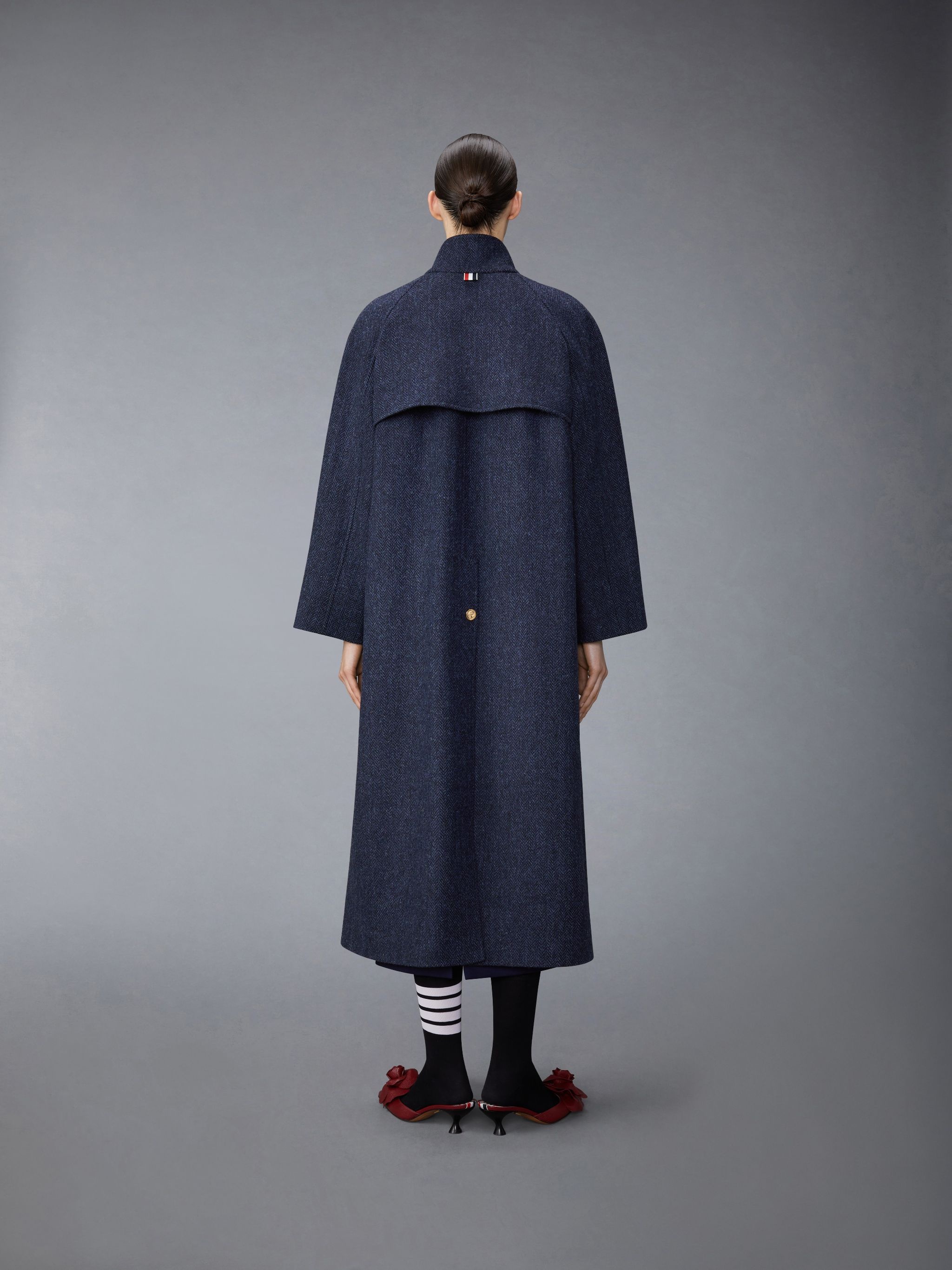 Herringbone Harris Tweed Midi Raglan Funnel Neck Coat - 3