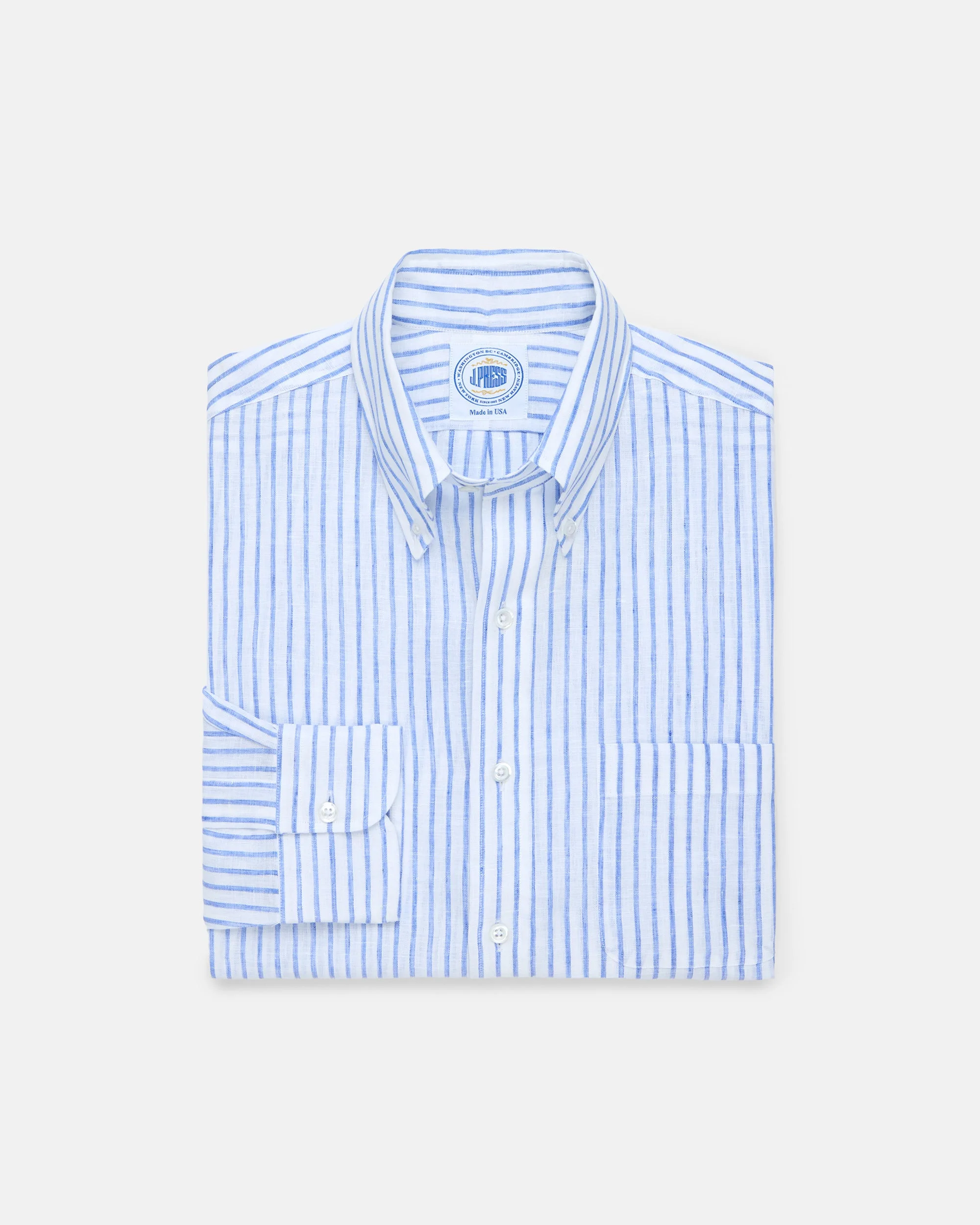 MADE-IN-USA THOMAS MASON BLUE BLAZER STRIPE LINEN SHIRT - 1