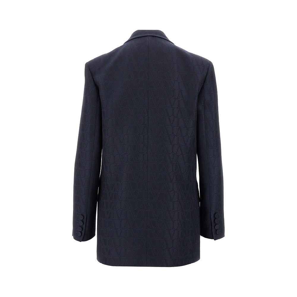 Brand-embroidery double-breasted regular-fit wool and silk blazer - 3