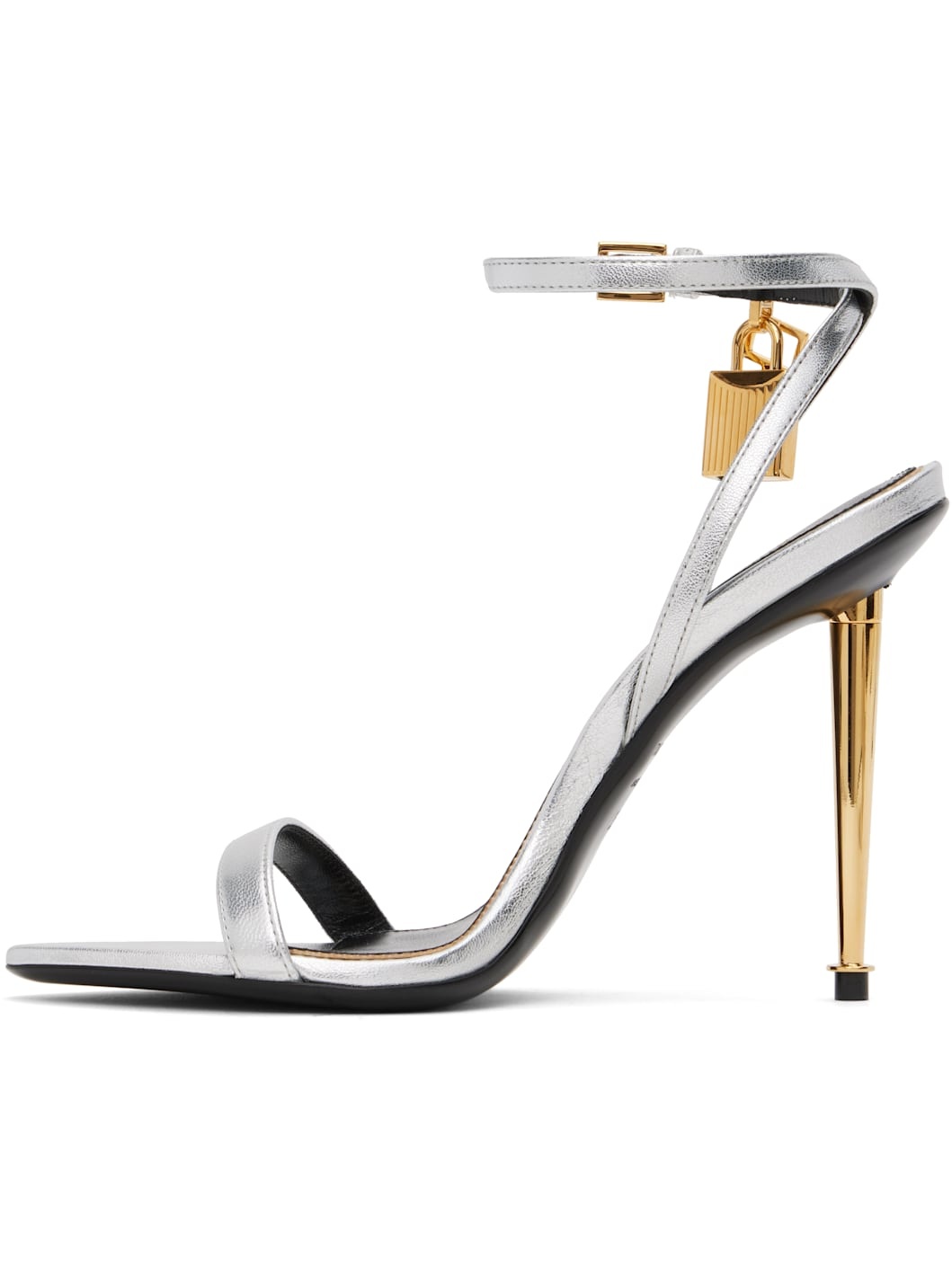 Silver Padlock Pointy Naked Heeled Sandals - 3