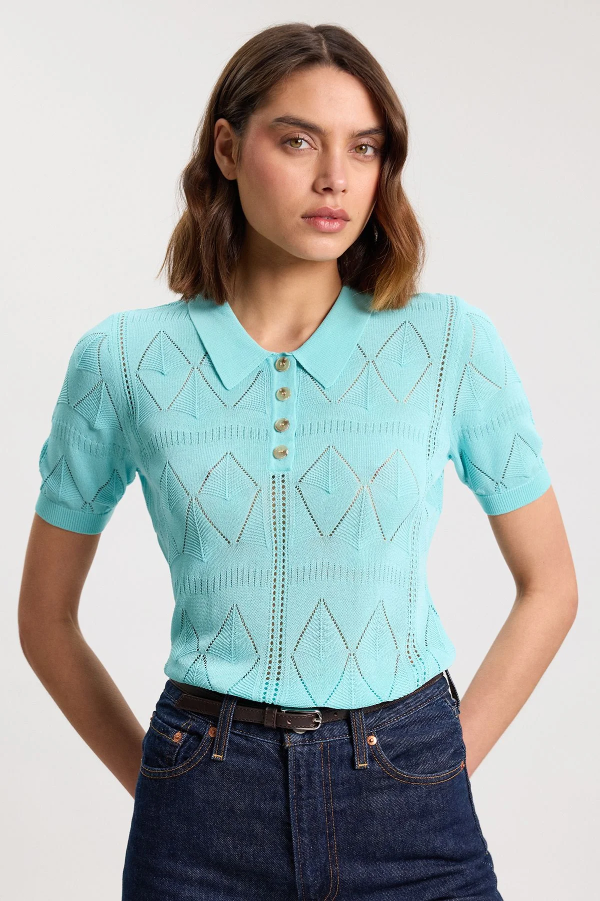 Knitted Argyle Collar Top - 1