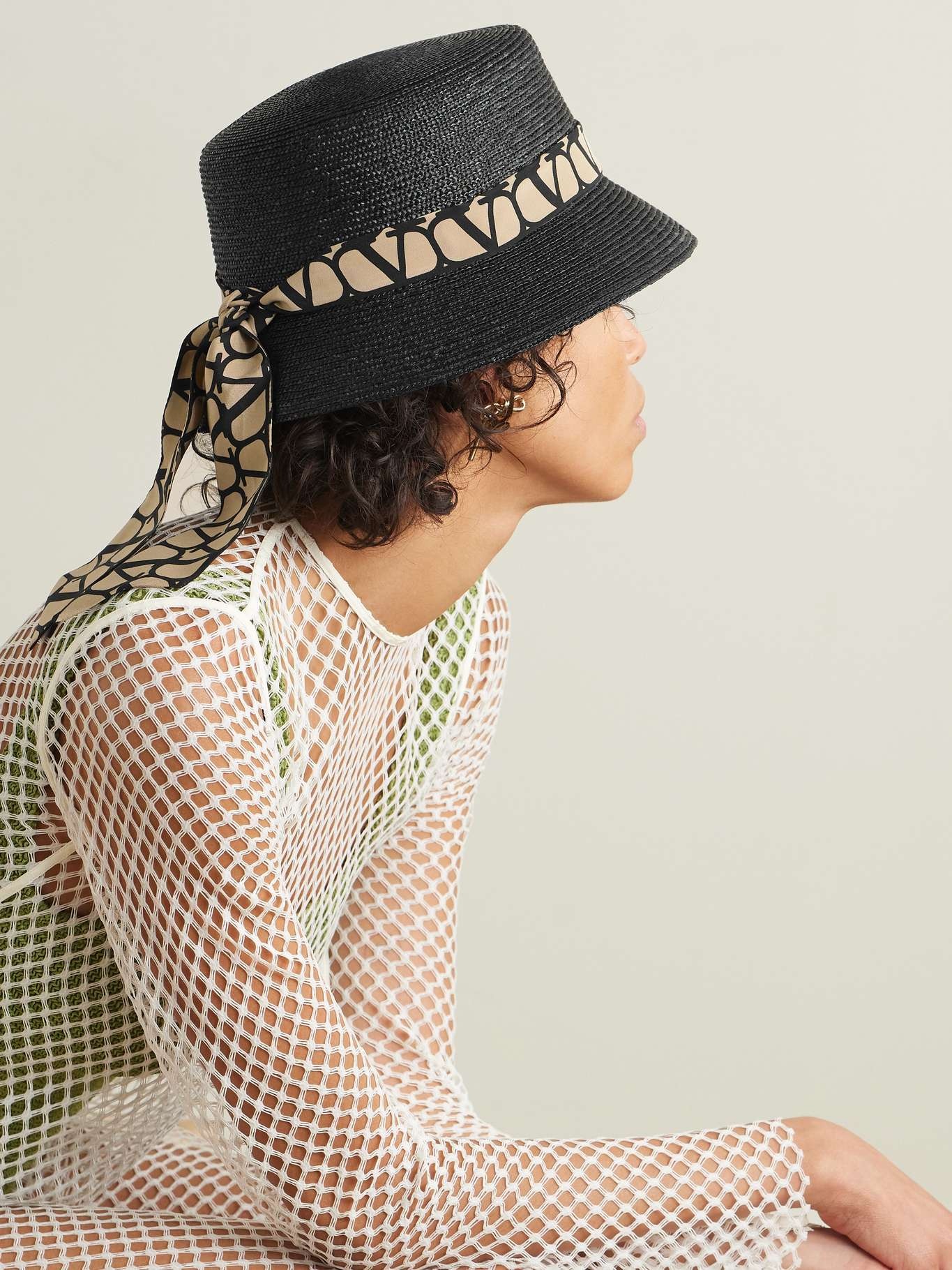 Printed silk-trimmed straw bucket hat - 2