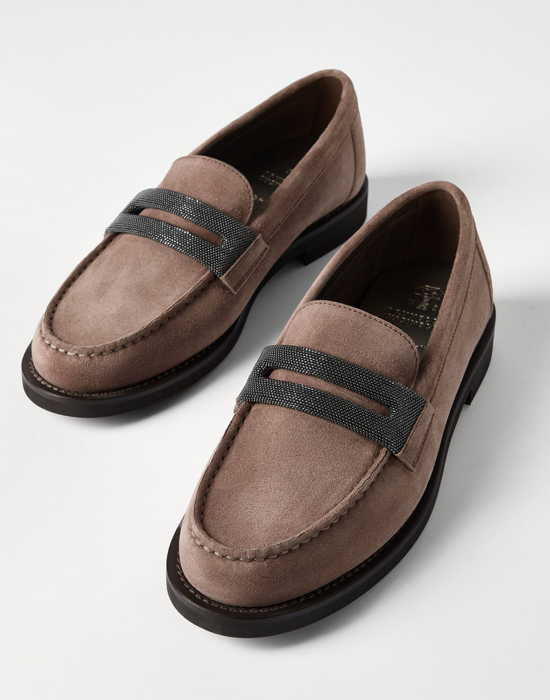 Suede penny loafers with precious clamp 4