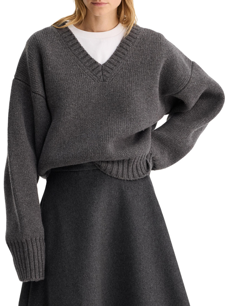 Women's Compact-Knit Wool V-Neck Sweater - Mid Grey Melange 3
