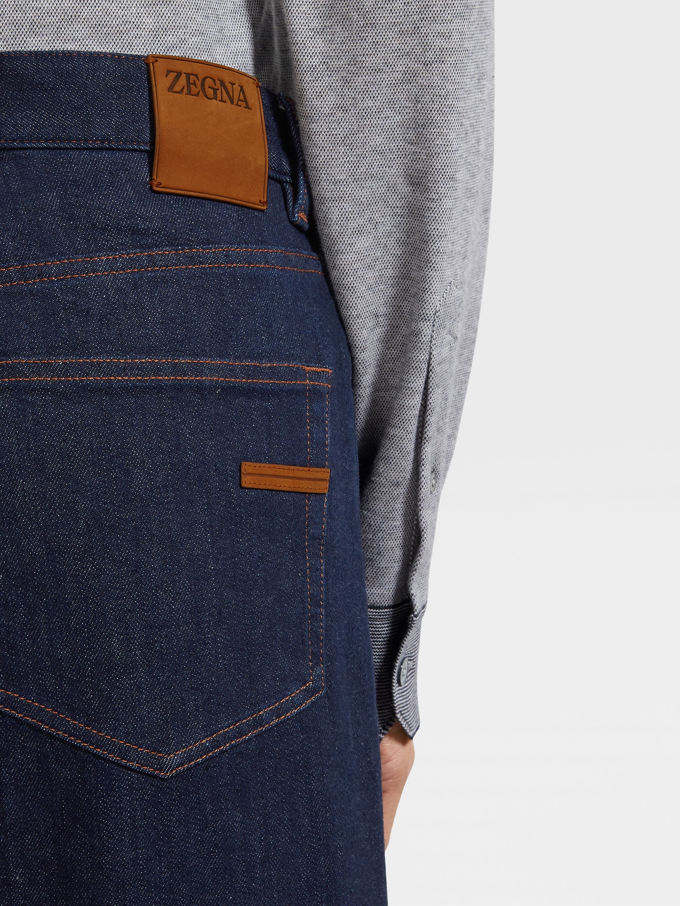 DARK BLUE RINSE-WASHED STRETCH COTTON ROCCIA JEANS - 2