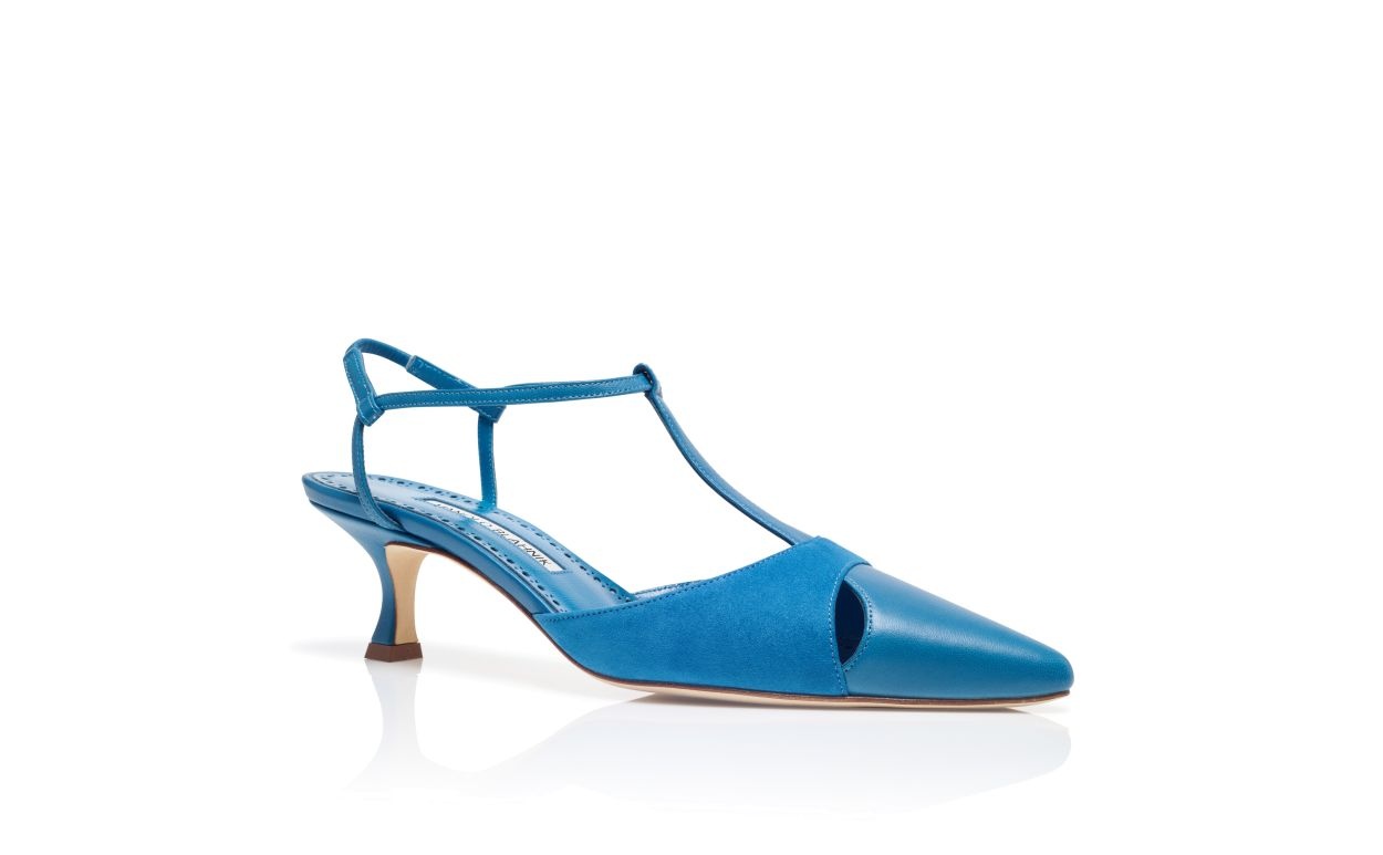 Blue Nappa Leather T-Bar Pumps - 3