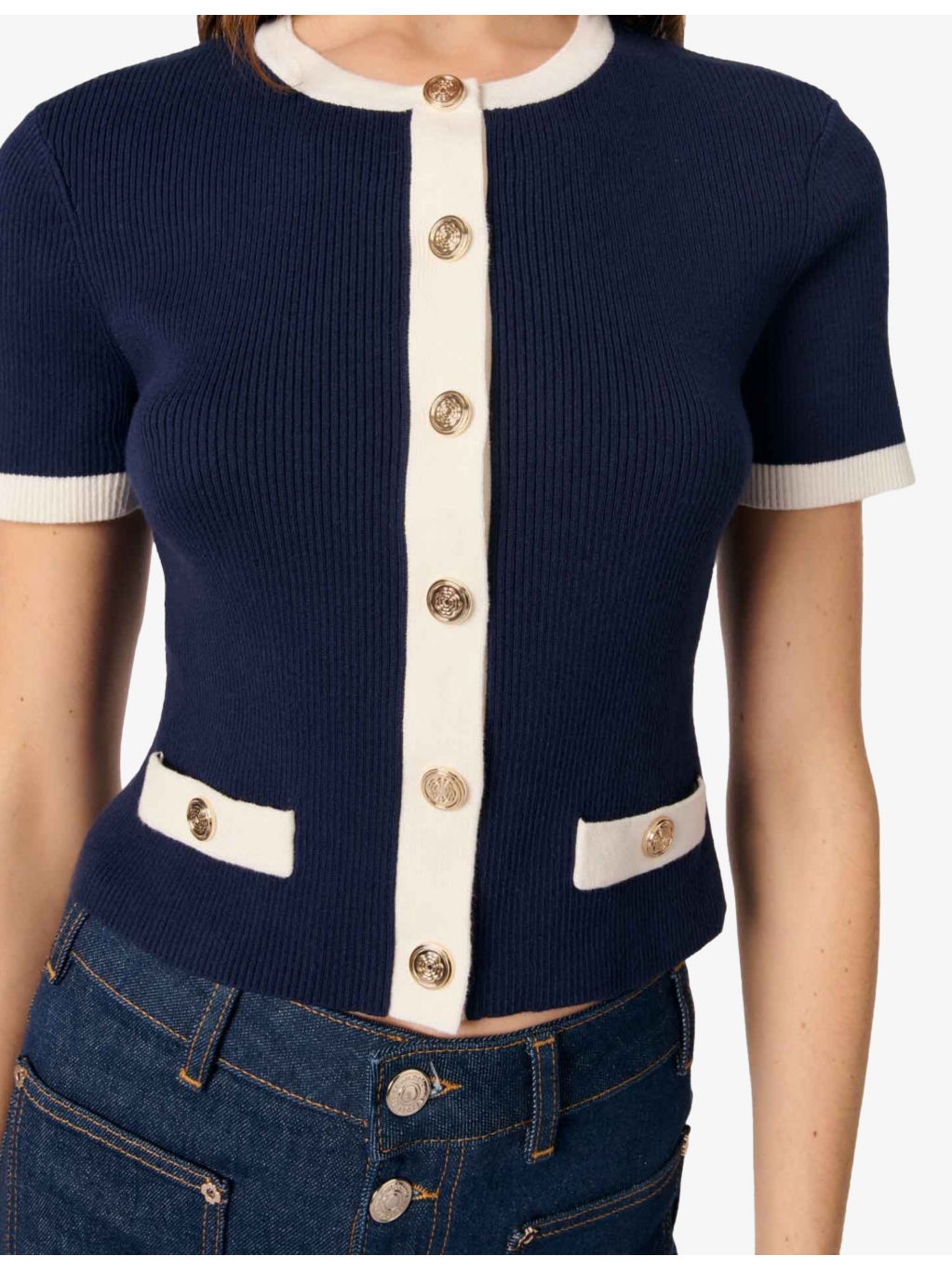 Short-Sleeved Contrast-Trim Knitted Cardigan - 5