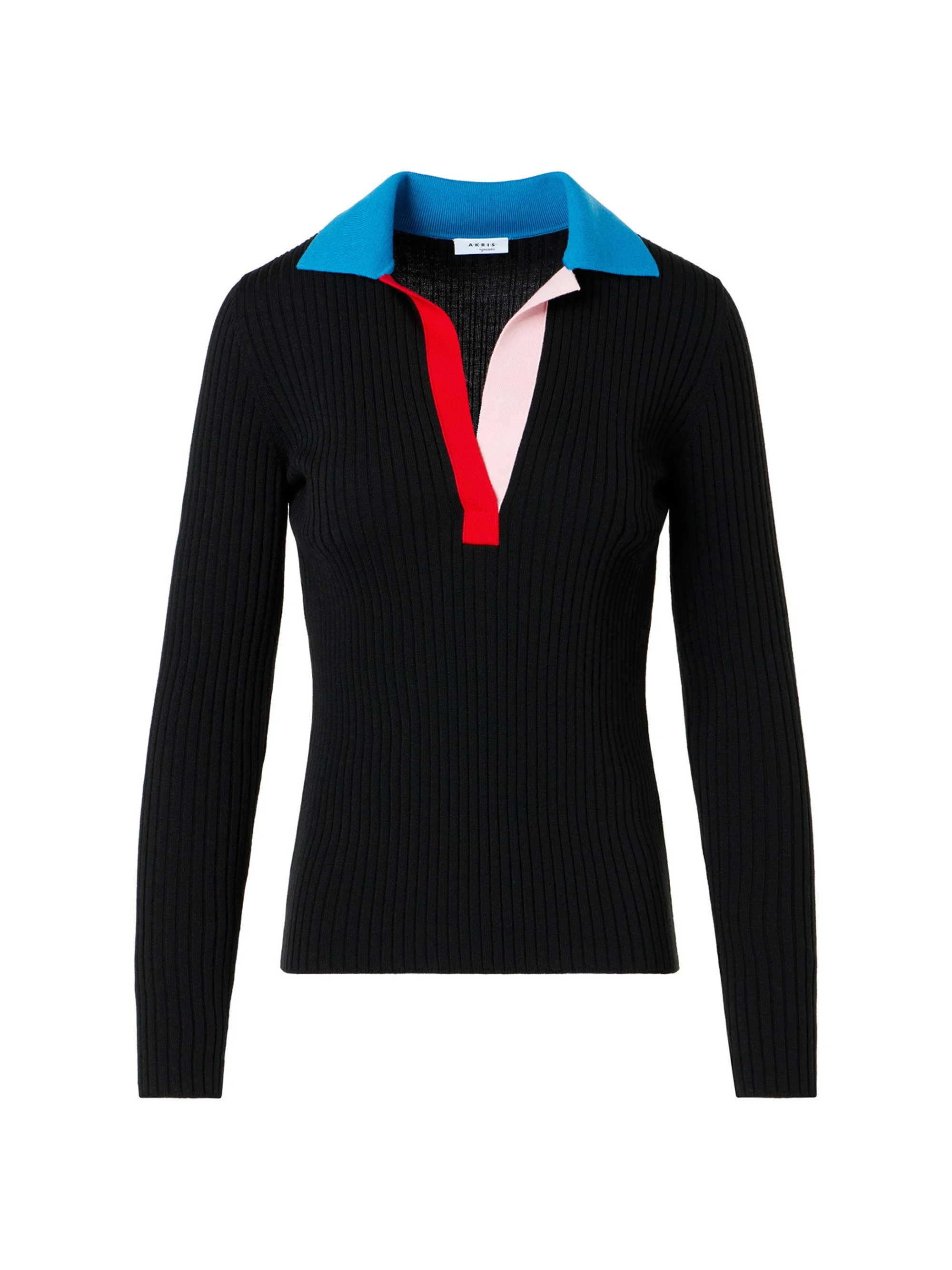 Women's Colorblocked Wool Rib-Knit Polo Top - Black Multi - 1