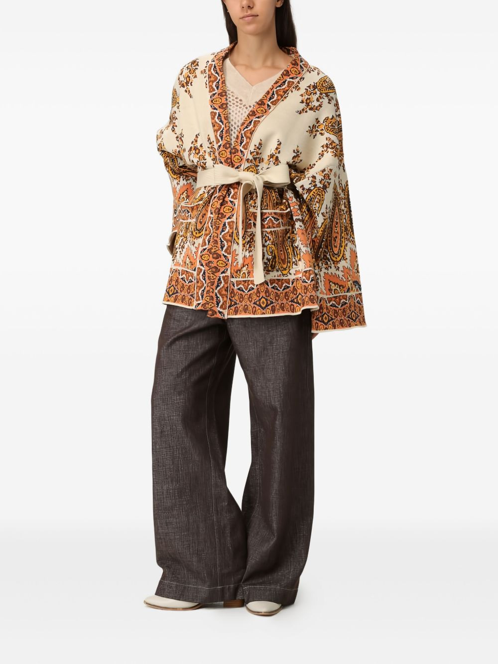 paisley-patterned belted cardigan - 2