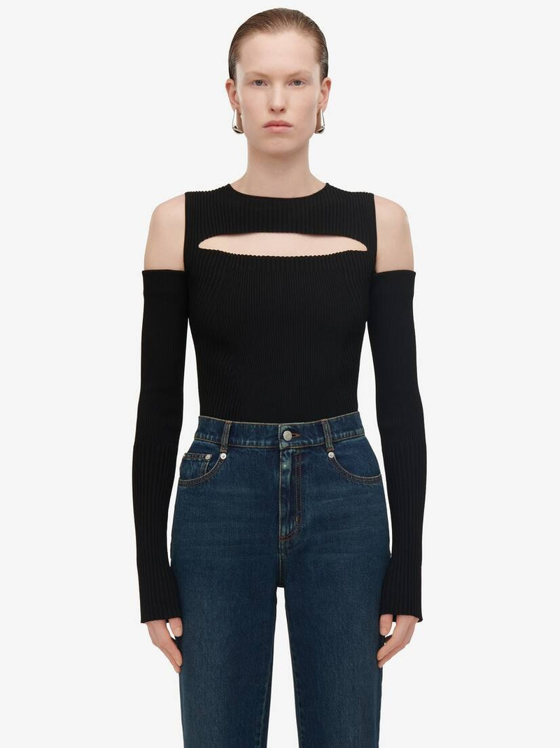 Women's Slashed Knit Top in Black - 1