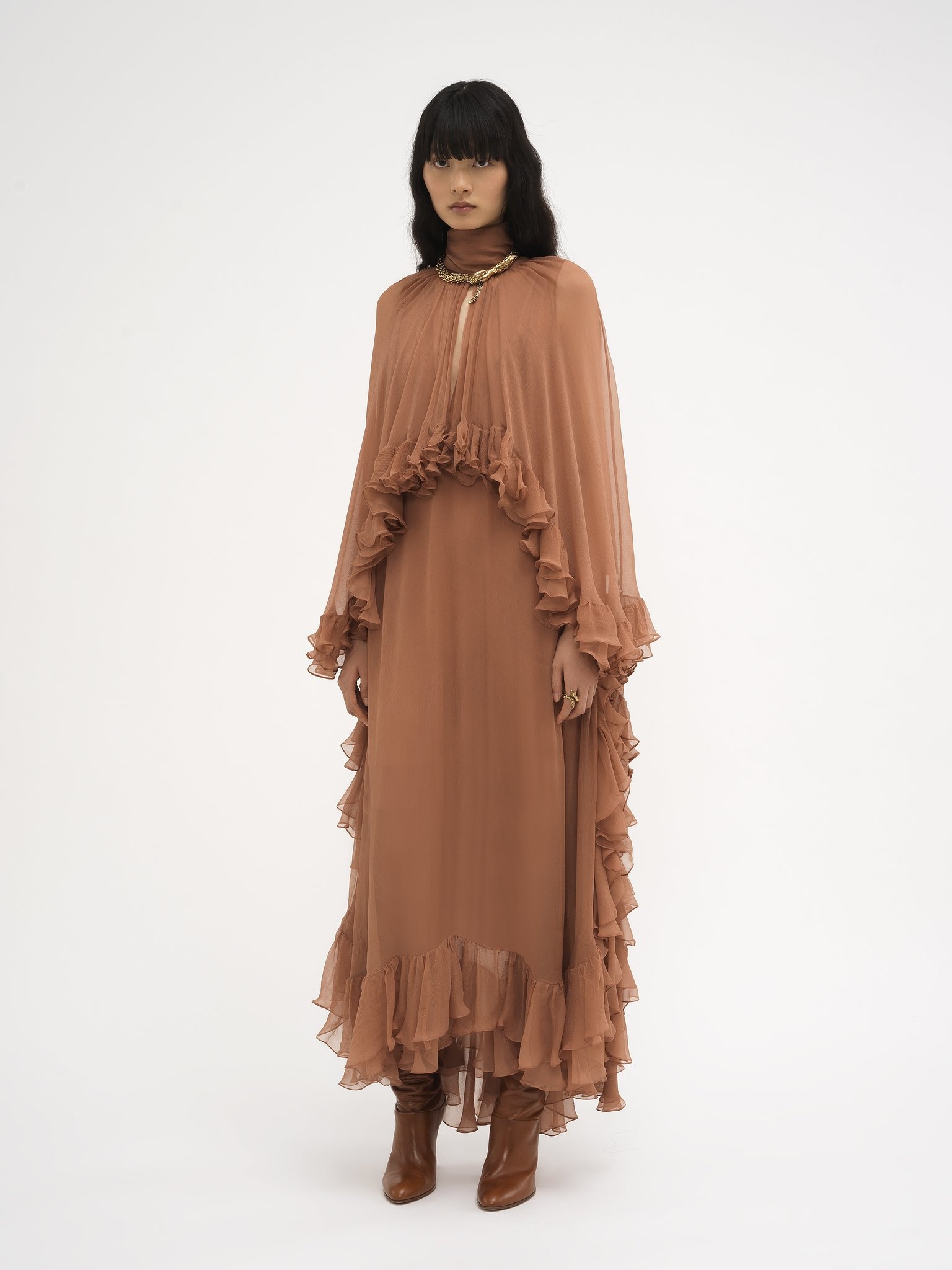 MOCK-NECK RUFFLE DRESS IN SILK MOUSSELINE - 3