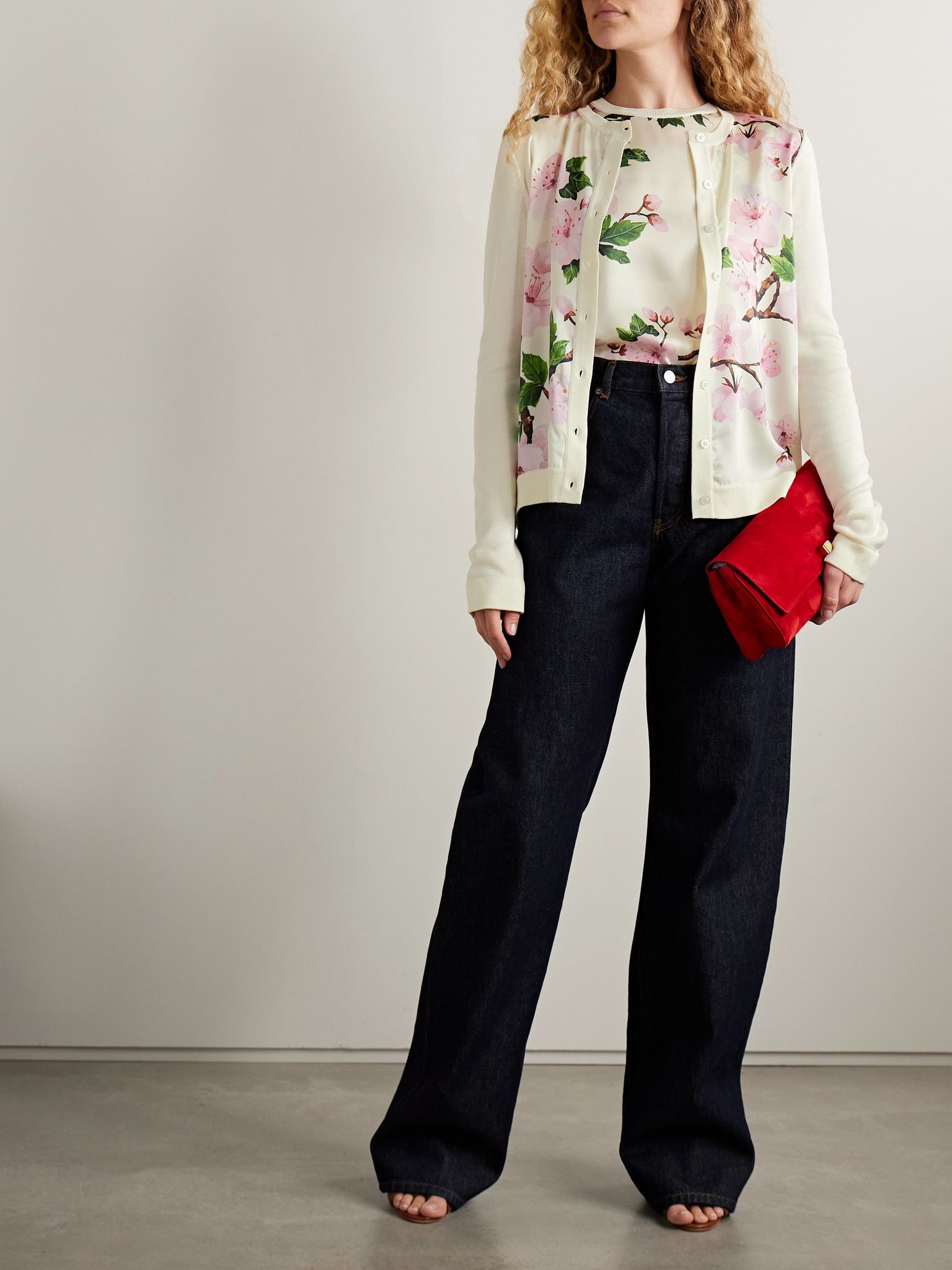 Paneled knitted and floral-print silk-blend twill cardigan Ecru - 2