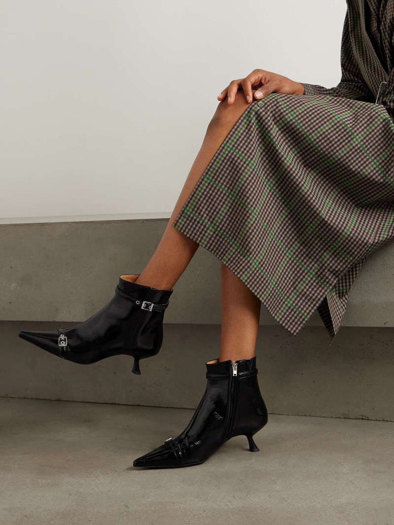 GANNI Buckled vinyl point-toe ankle boots outlook