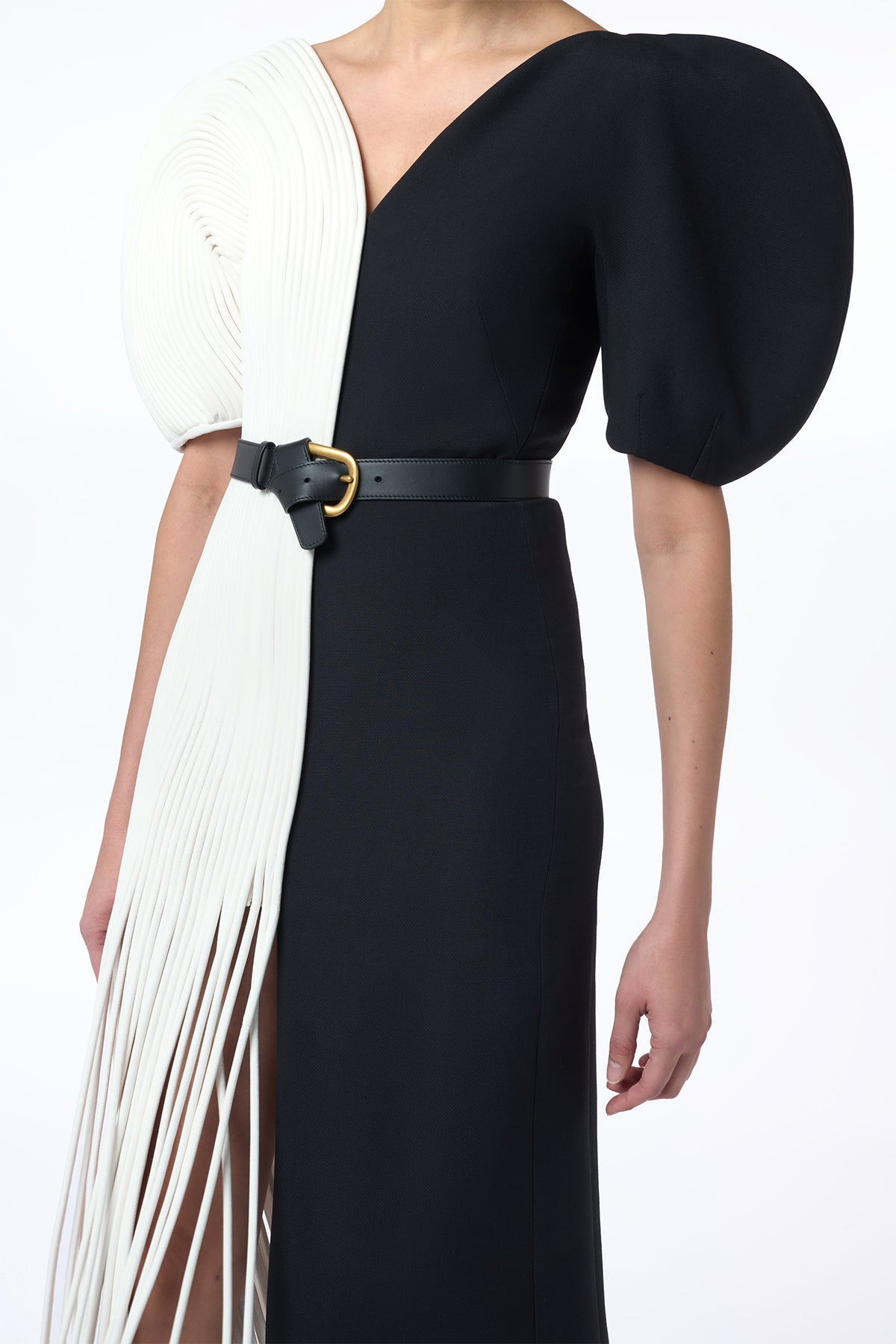 Lysander Fringe Midi Dress in Ivory Nappa Leather & Black Wool Silk Cady - 7