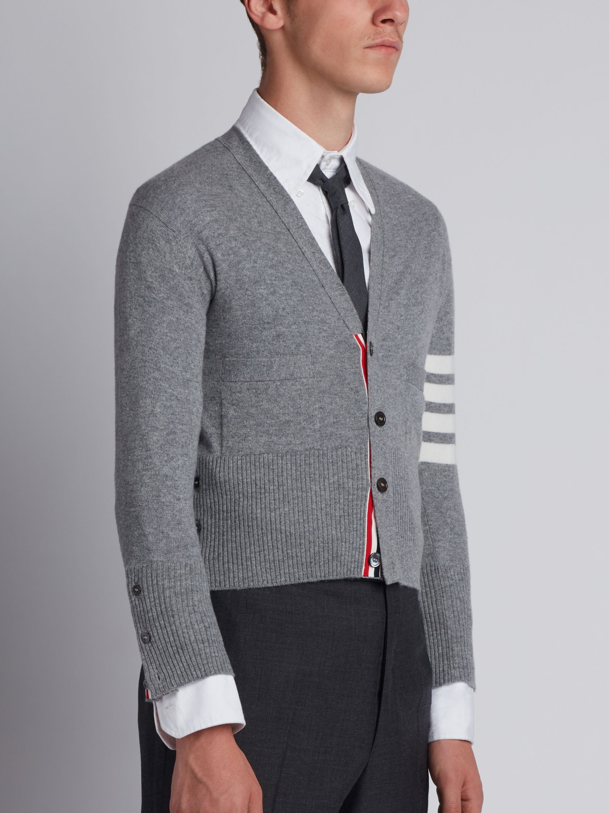 Light Grey Cashmere 4-bar Short V-neck Cardigan - 2