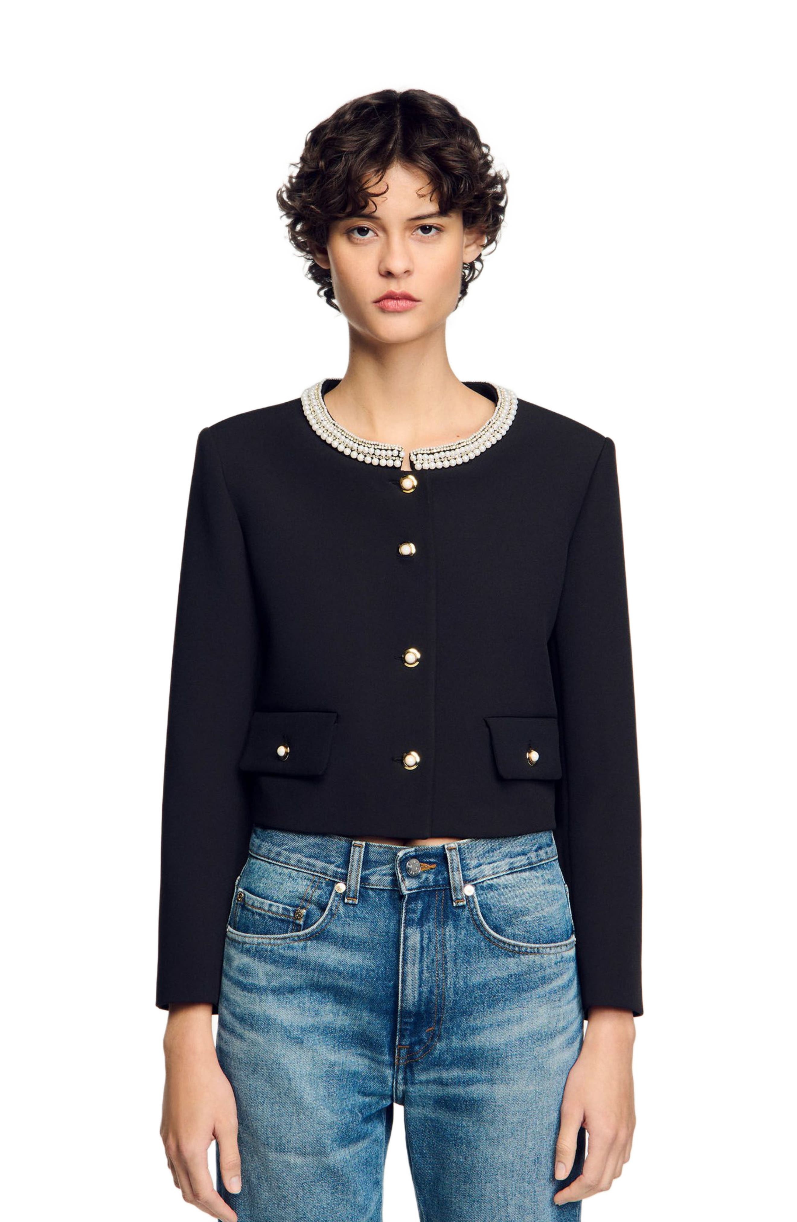 SANDRO Jacket with beaded collar in Black at Nordstrom - 1