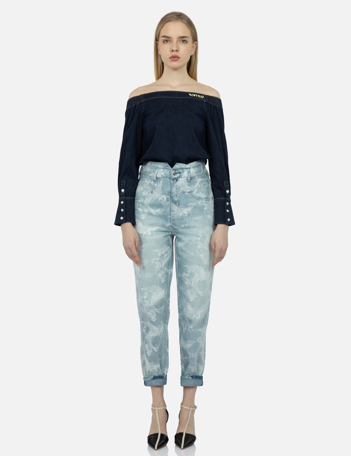 LASER-PRINT ALLOVER PEACOCK DENIM TAPER JEANS - 6