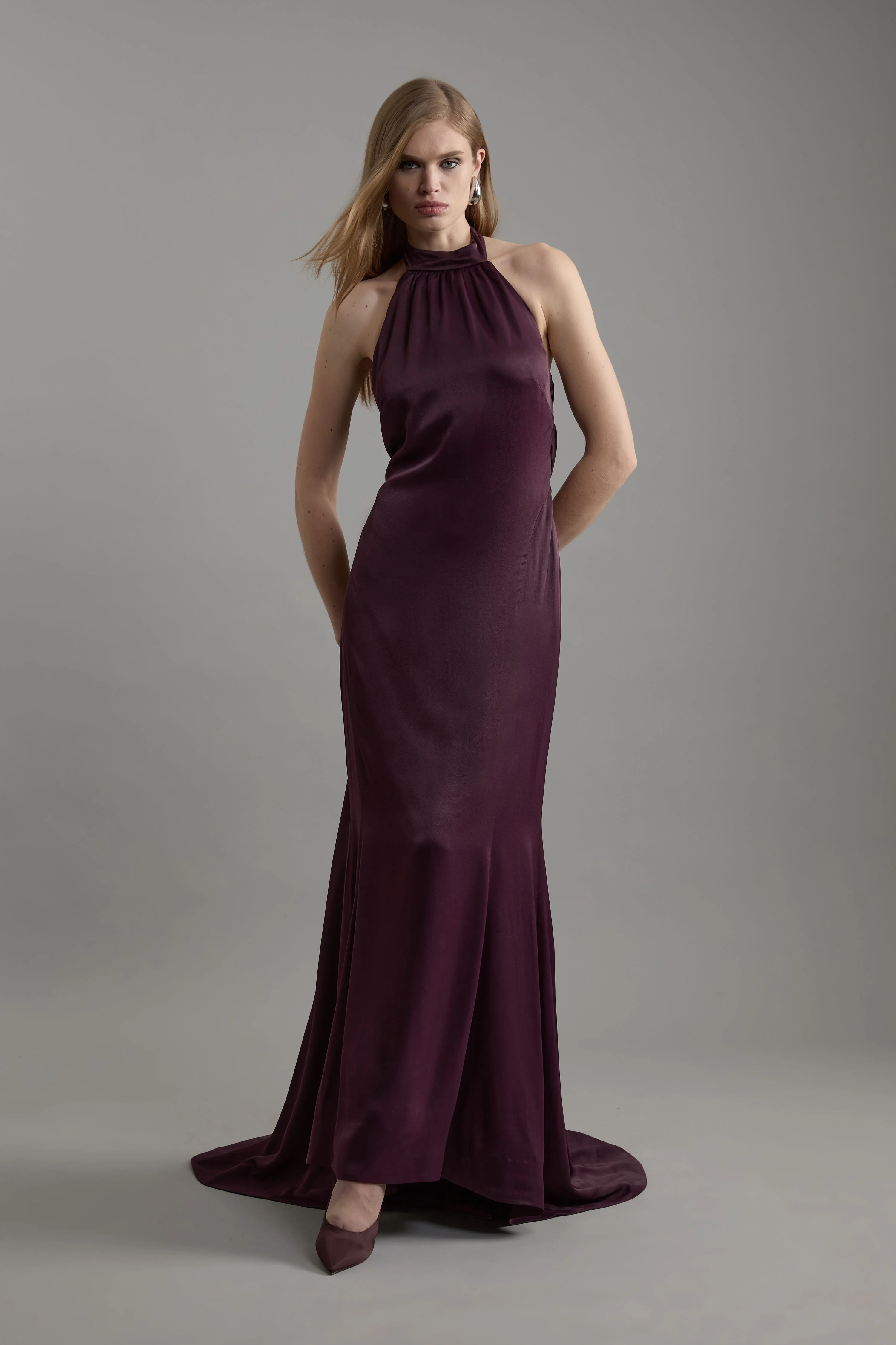 Premium Satin Halter Neck Tailored Maxi Dress - 1