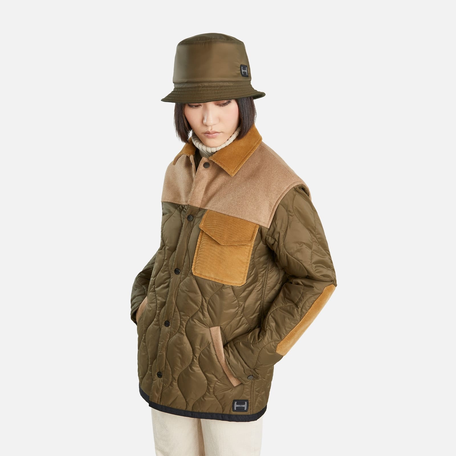 Quilted Shirt Jacket Green Brown Beige - 8