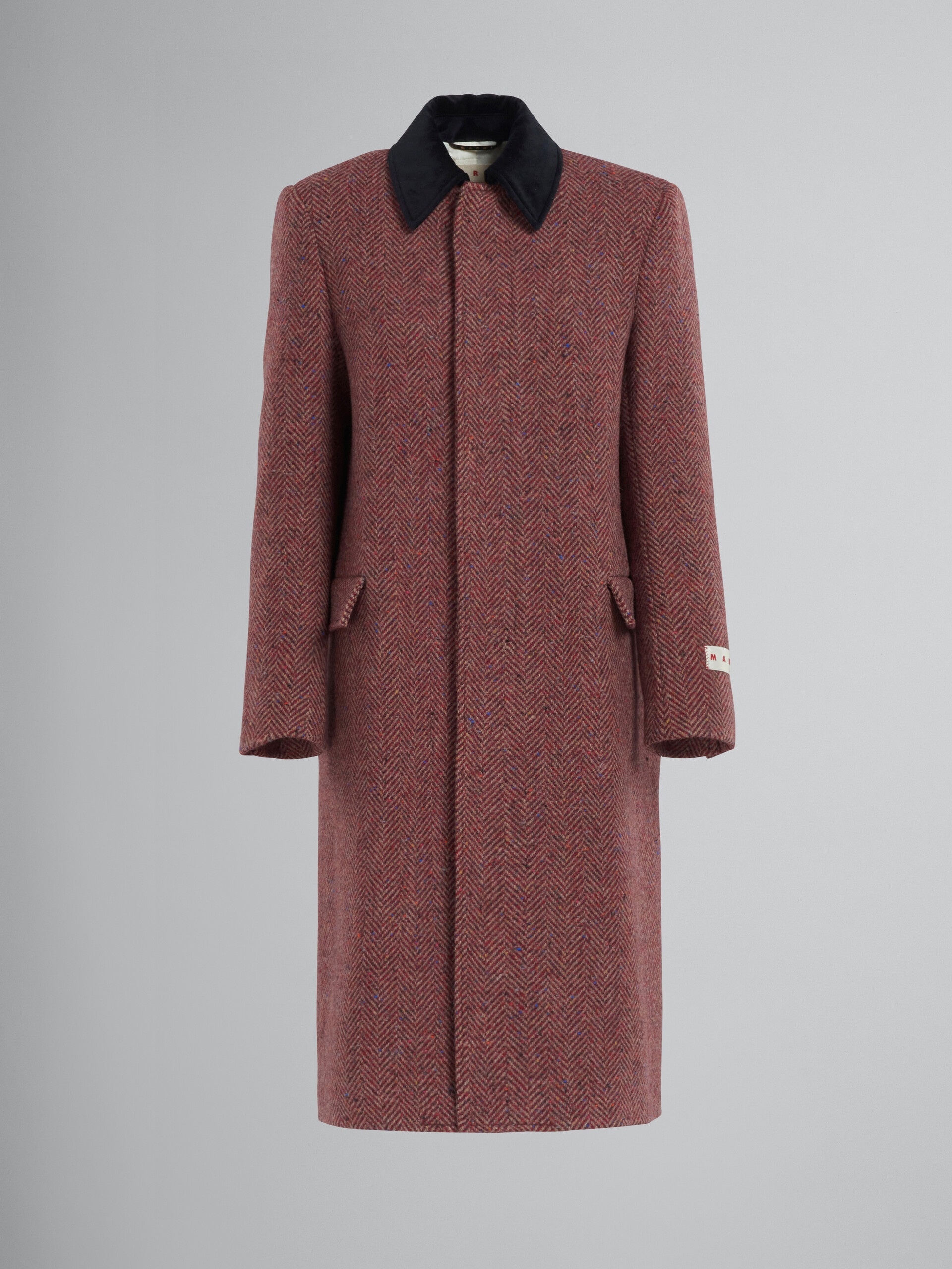 BURGUNDY CHEVRON WOOL COAT WITH VELVET COLLAR - 1
