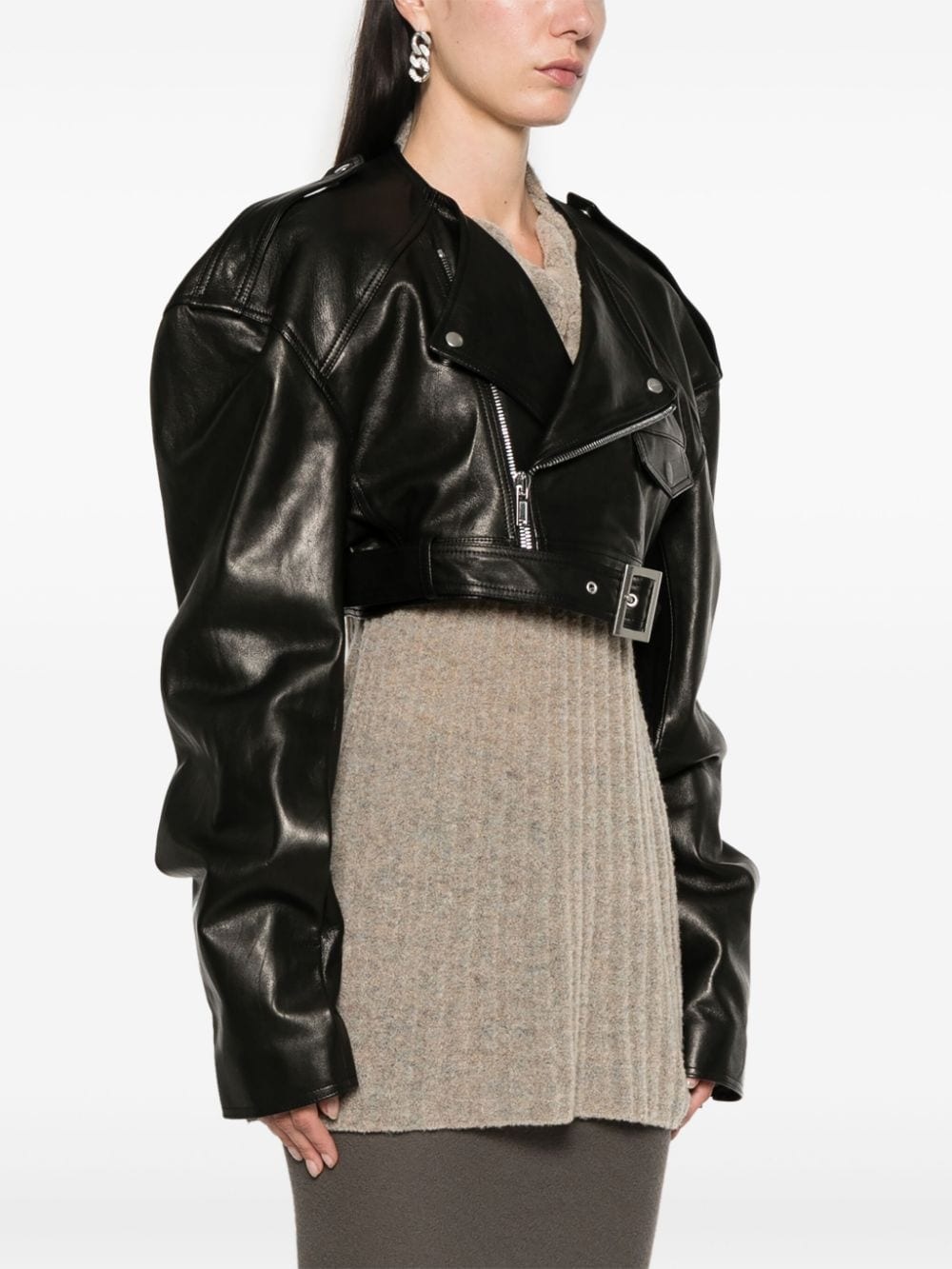 cropped leather biker jacket - 3