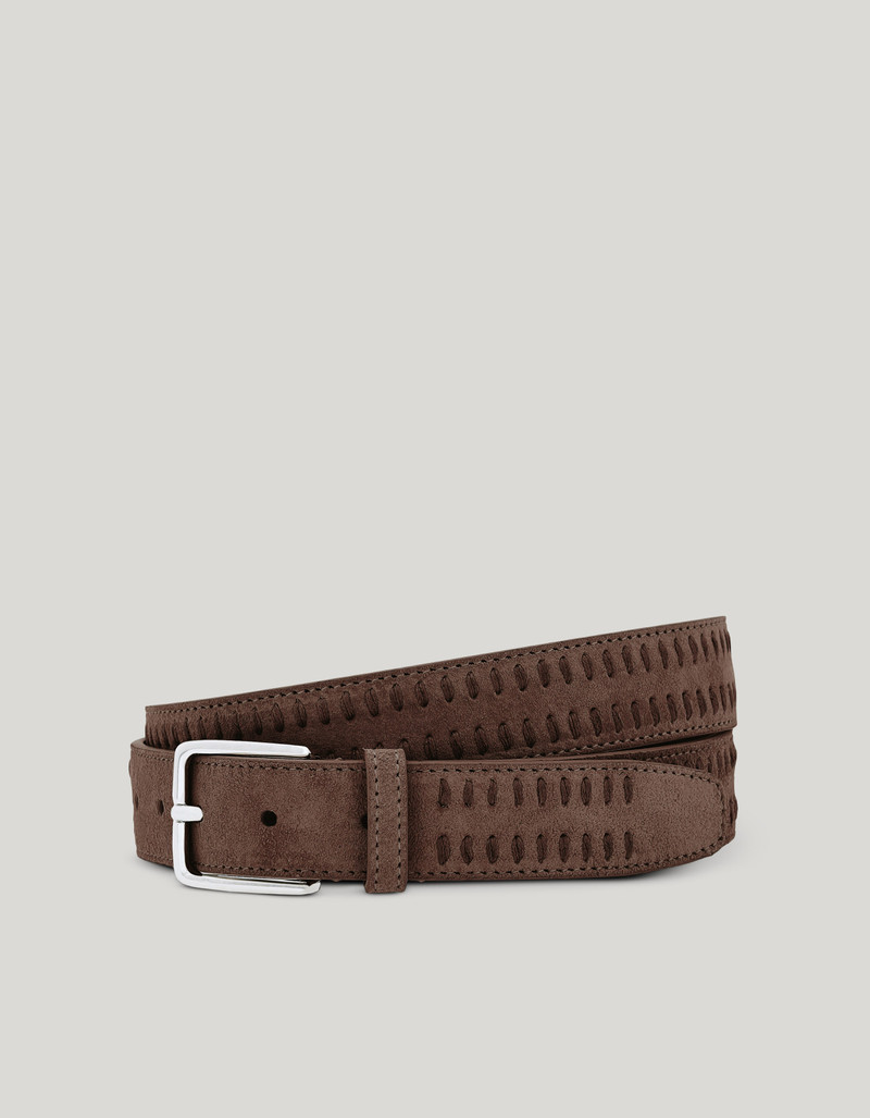 BROWN SUEDE BELT WITH DECORATIVE VERTICAL TOPSTITCHING 1