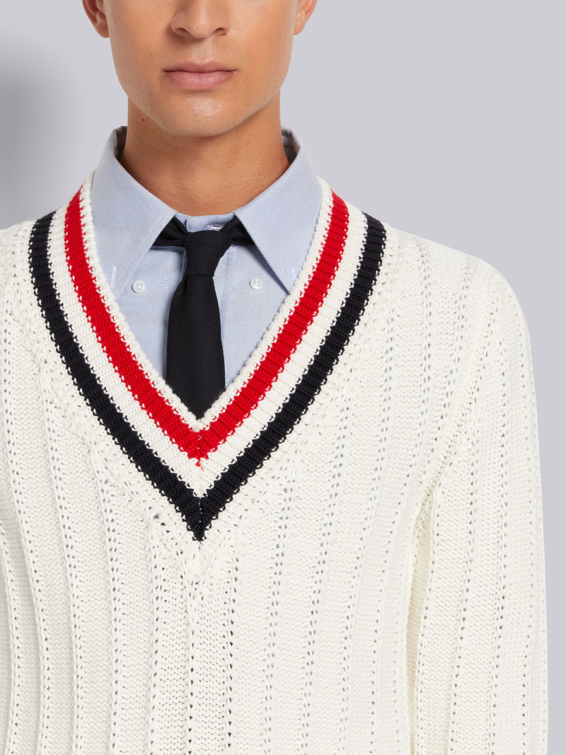 White Cotton Stripe Trim Cable Knit V-Neck Pullover 5