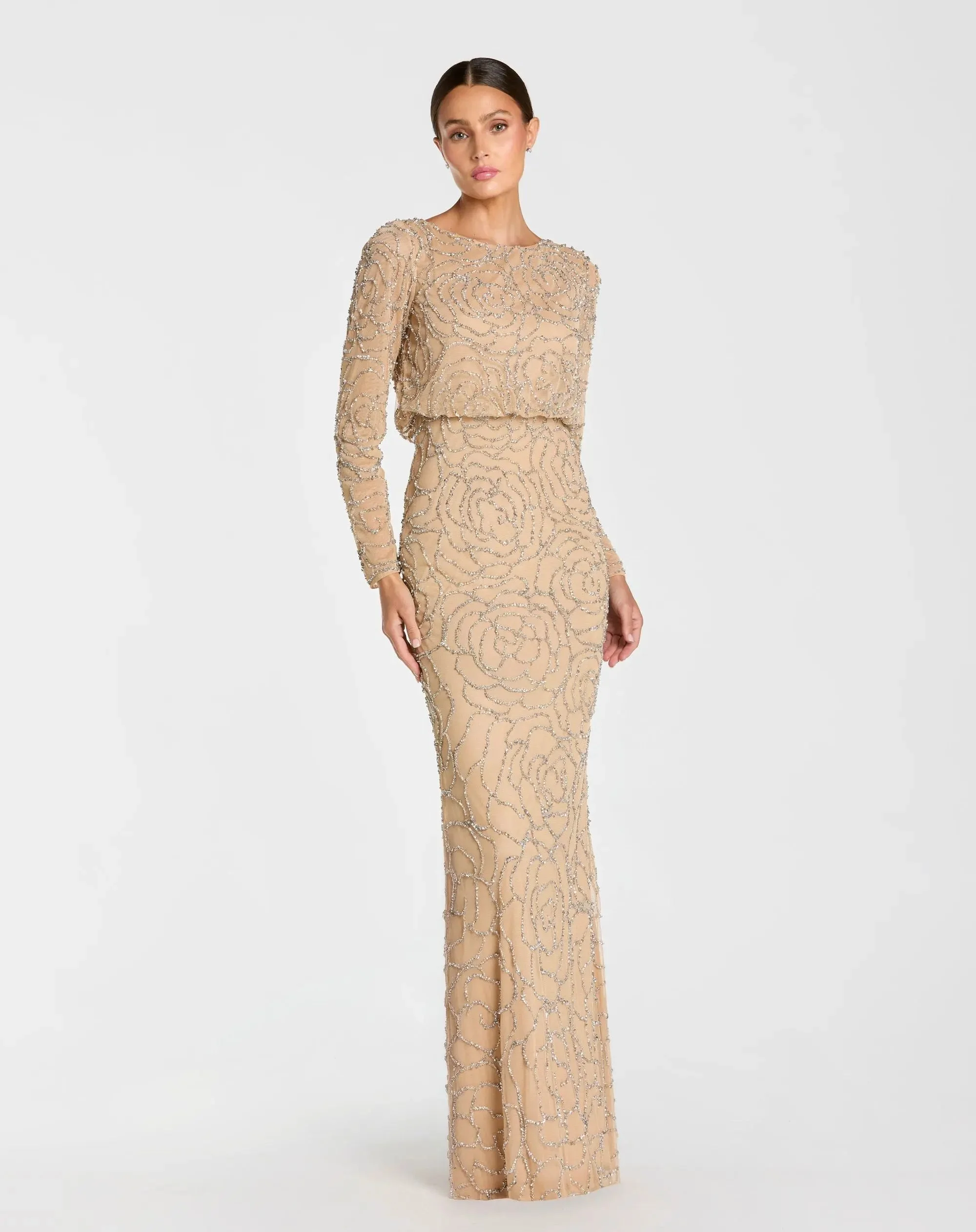 Beige Long Sleeve Beaded Blouson Gown - 1