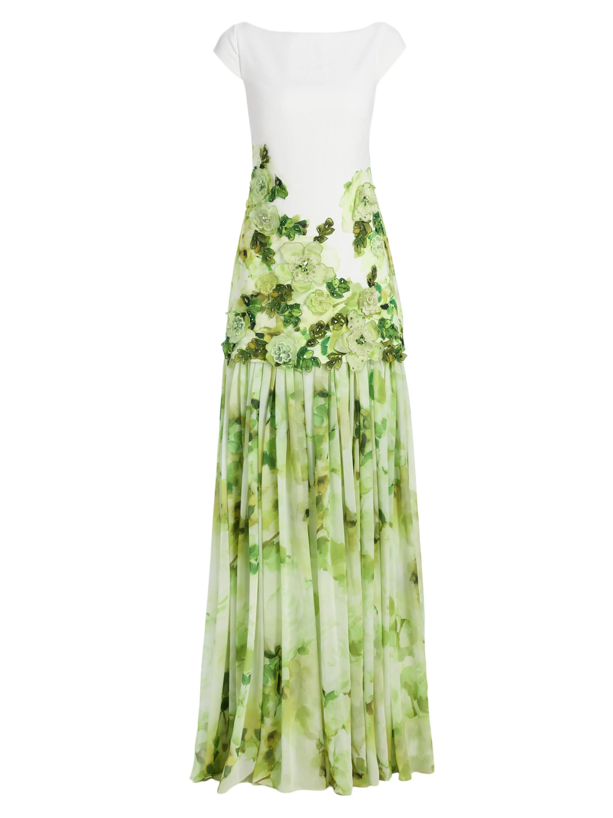 Women's Floral Appliqué Drop-Waist Gown - Lime Multi - 1