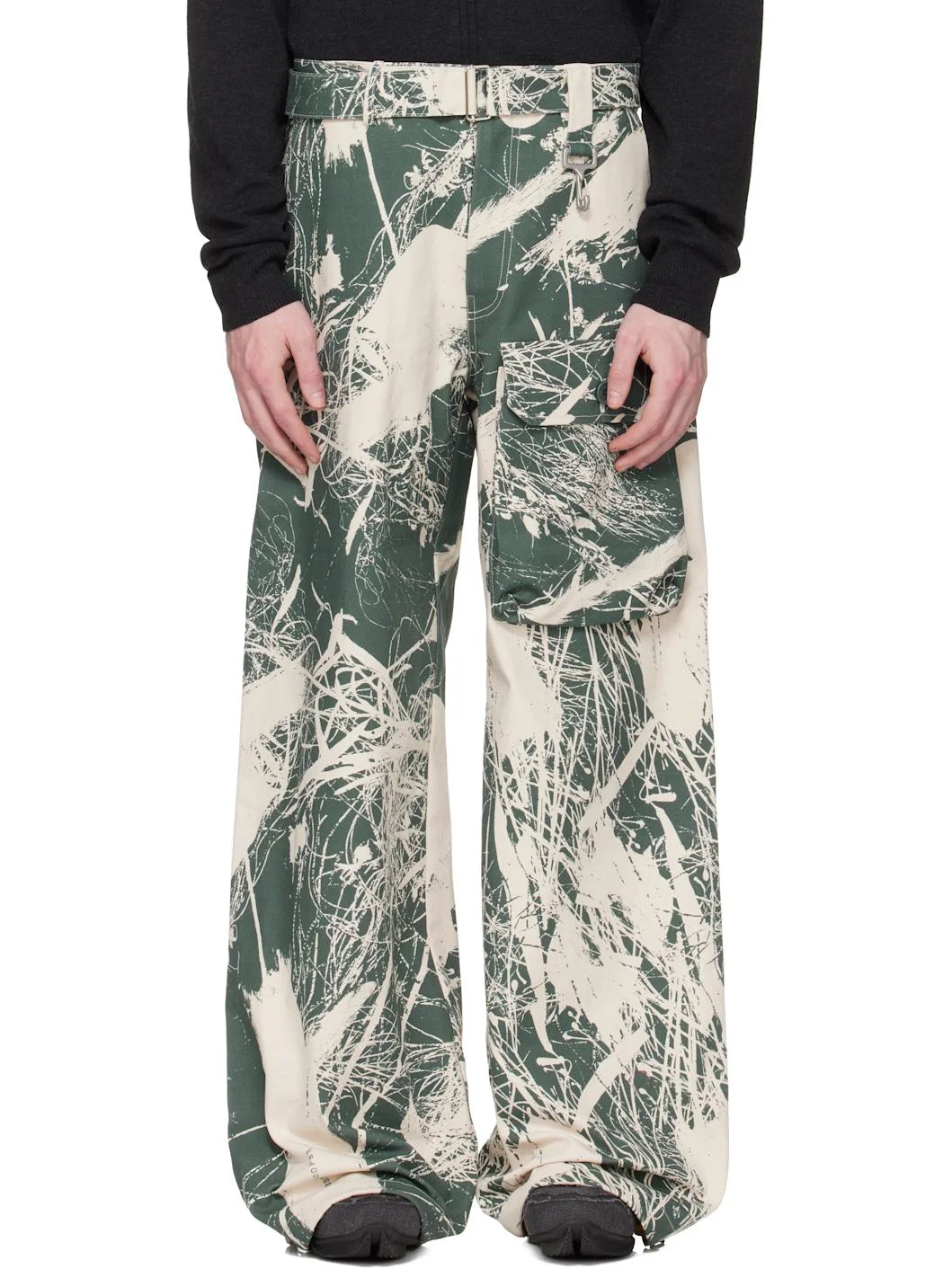 Khaki & Off-White Duck Canvas Patch Pocket Belted Cargo Pants - 1