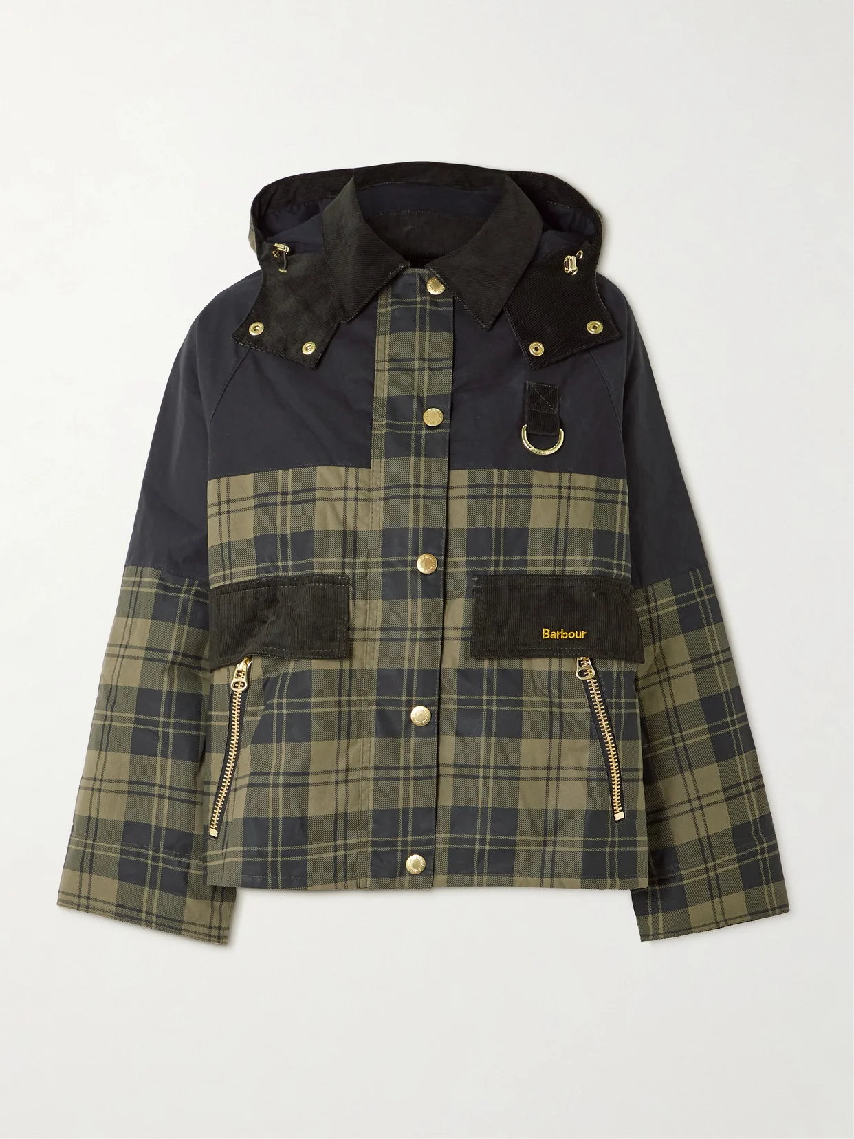 Elaine Hooded Corduroy-trimmed Checked Waxed-cotton Jacket - 1