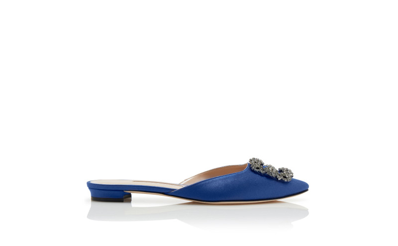 Blue Satin Jewel Buckle Flat Mules - 1