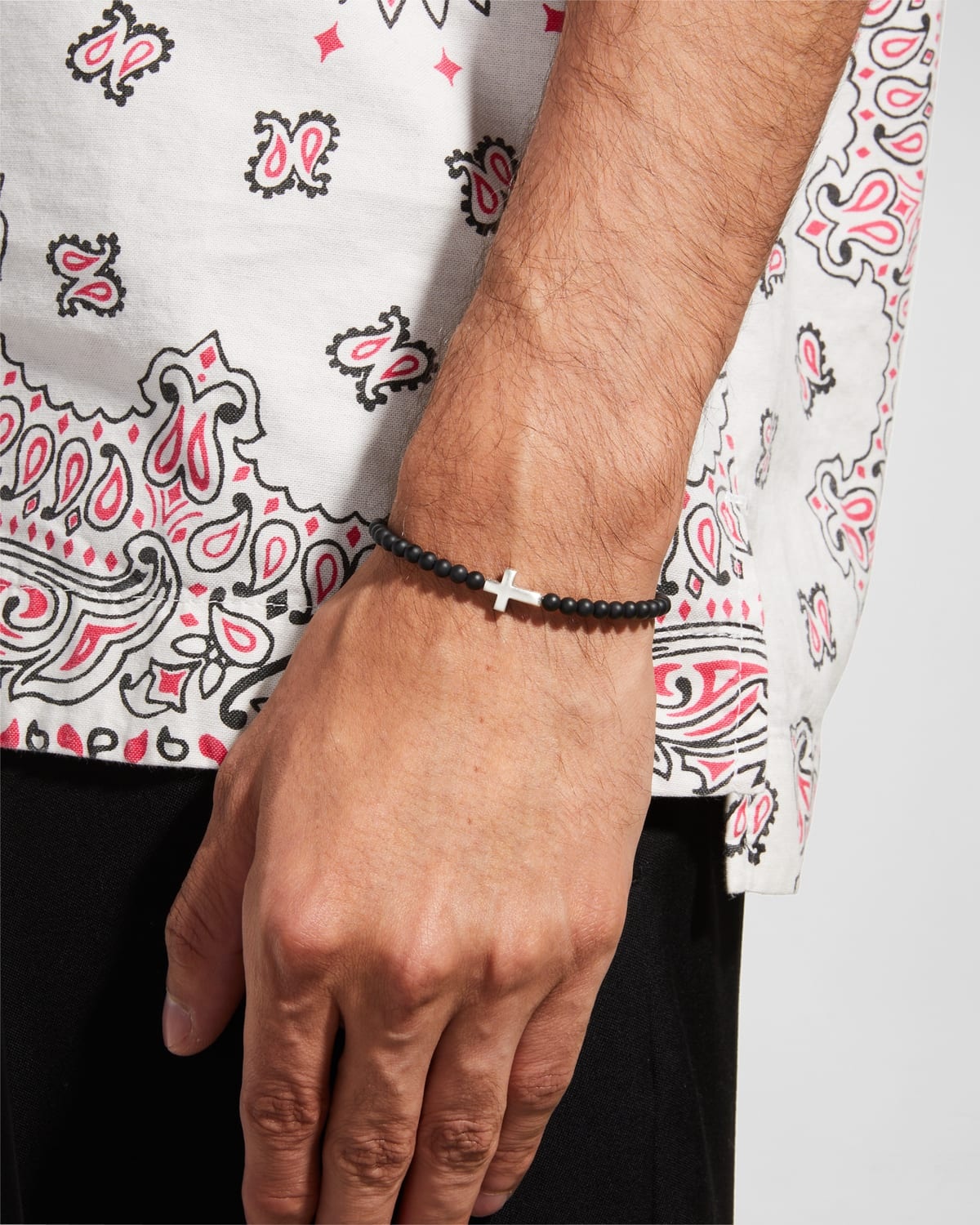 Men's Spiritual Beads Cross Station Bracelet in Silver, 4mm - 2