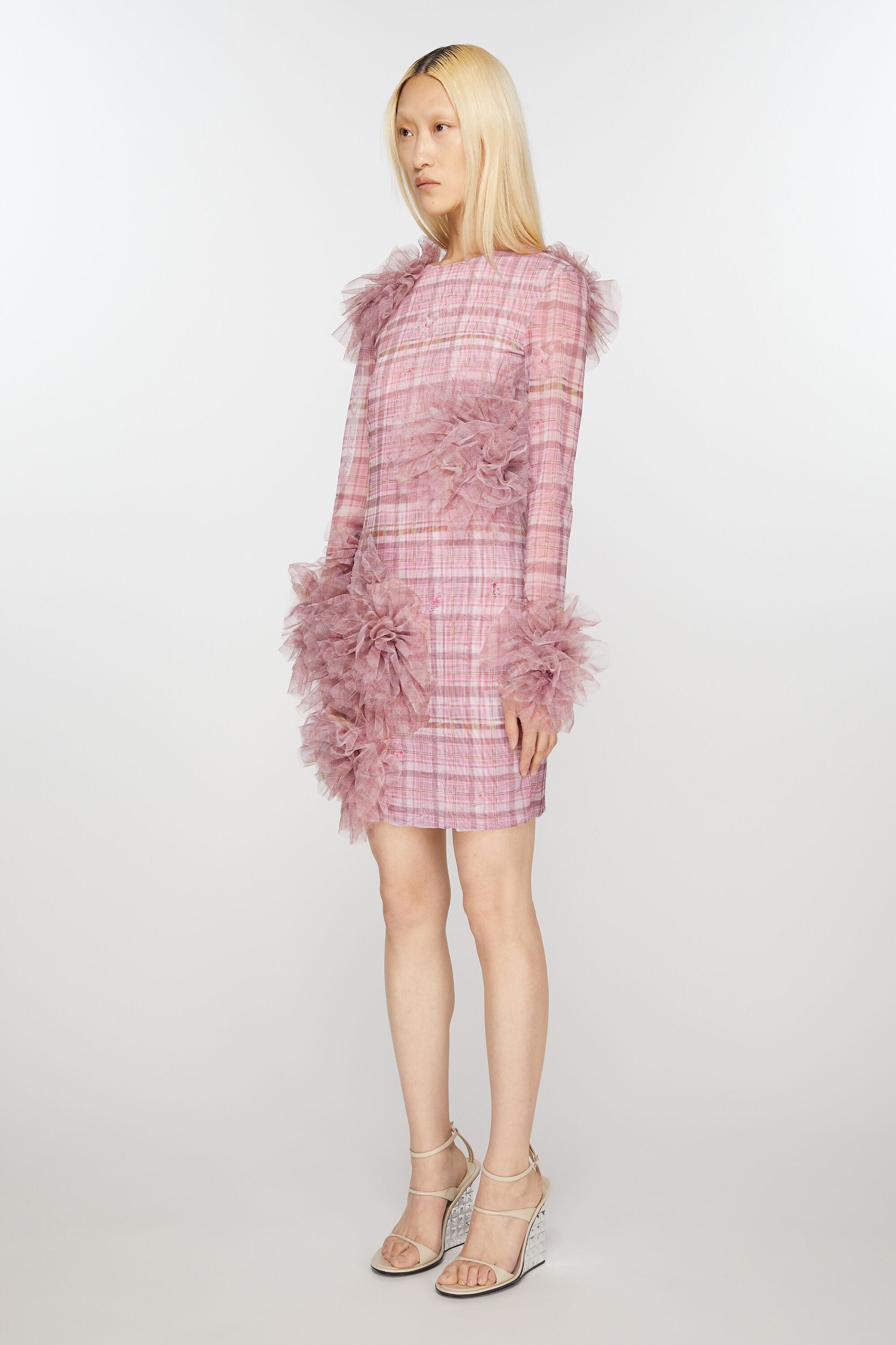 Mesh check dress - Pink - 3