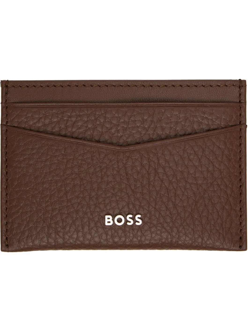 Brown Grained-Leather Metal Logo Card Holder - 1