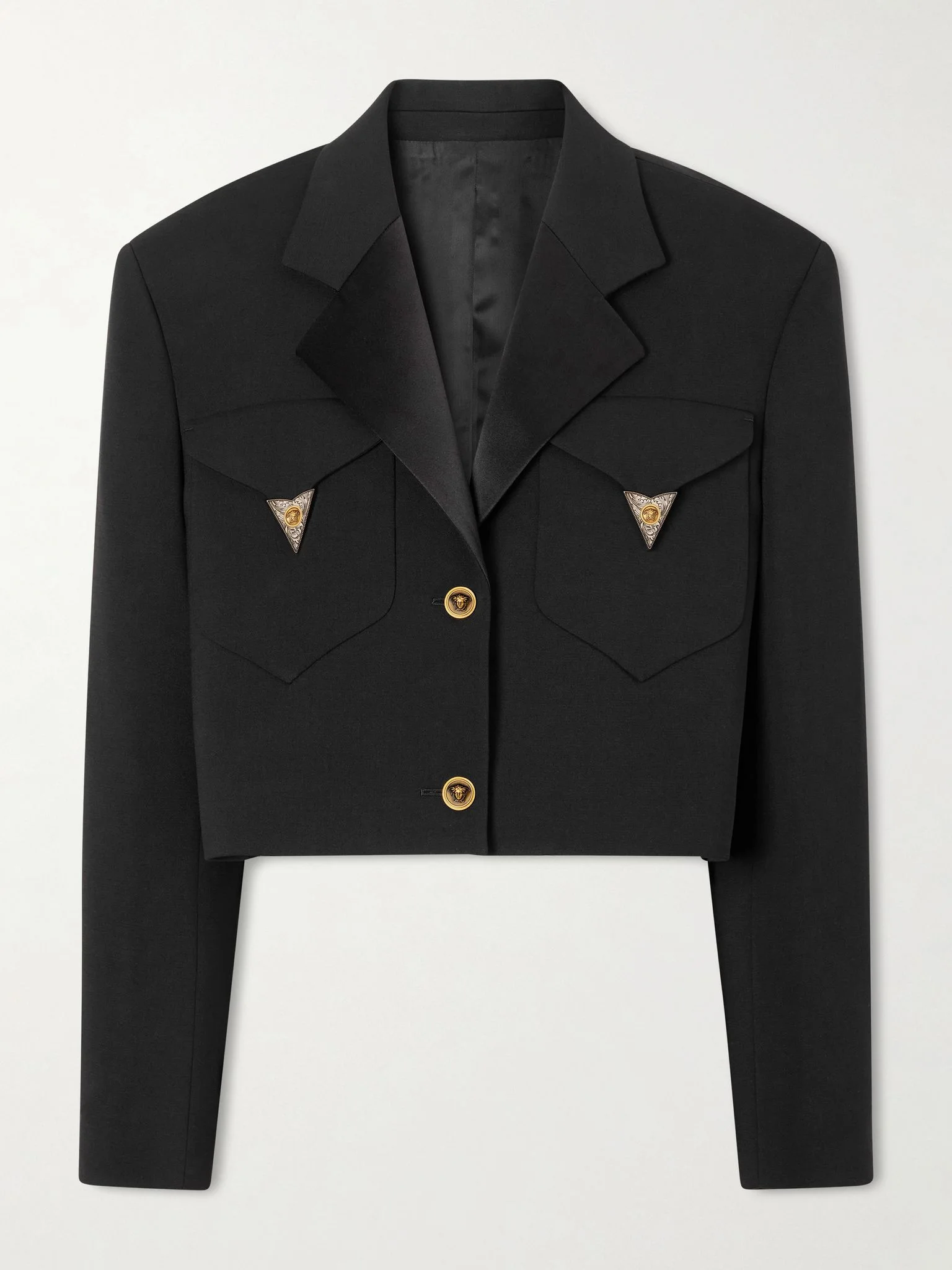 Medusa-embellished cropped wool jacket Black - 1