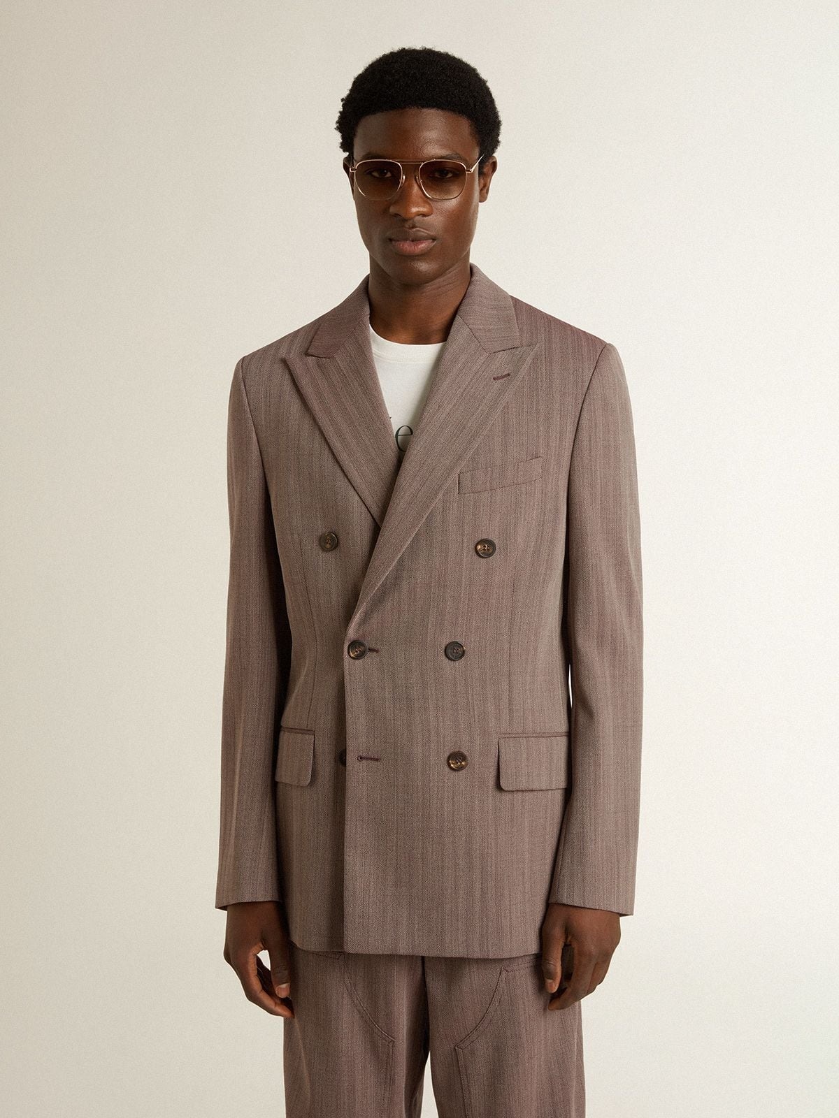 Men's beige chevron wool blend double-breasted blazer - 2