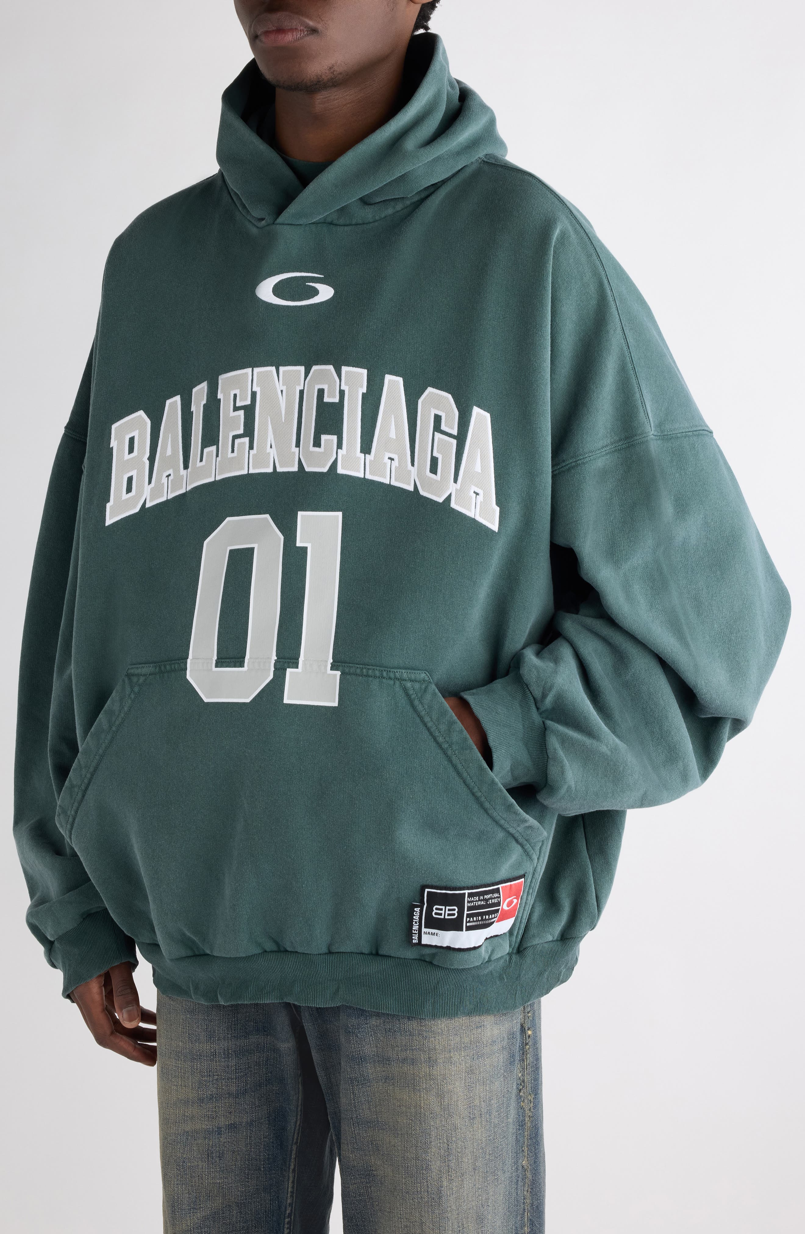 Balenciaga Oversize Cotton Hoodie in Dark Green/Light Grey at Nordstrom - 5