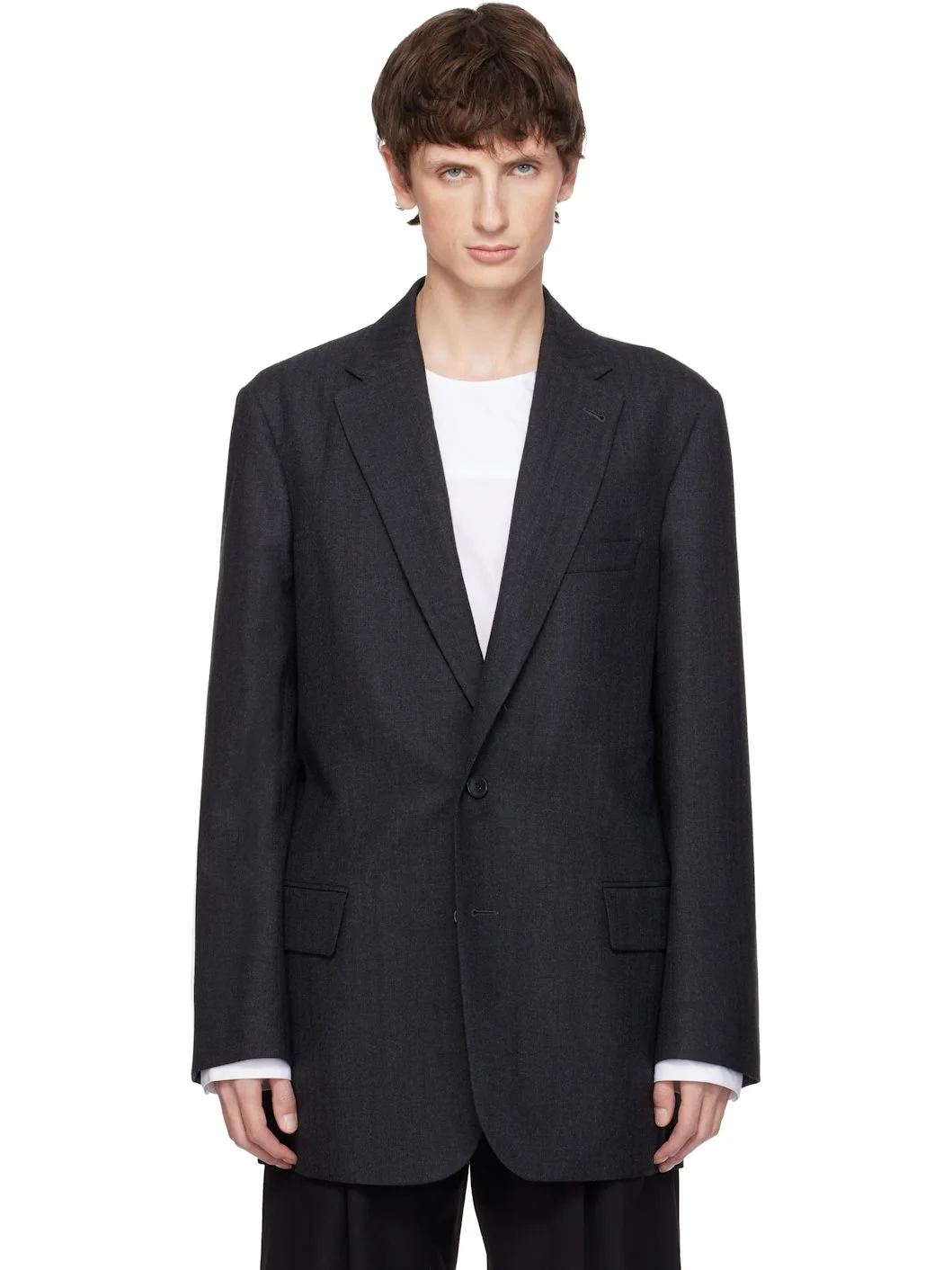 Gray Herringbone Wool Blazer - 1
