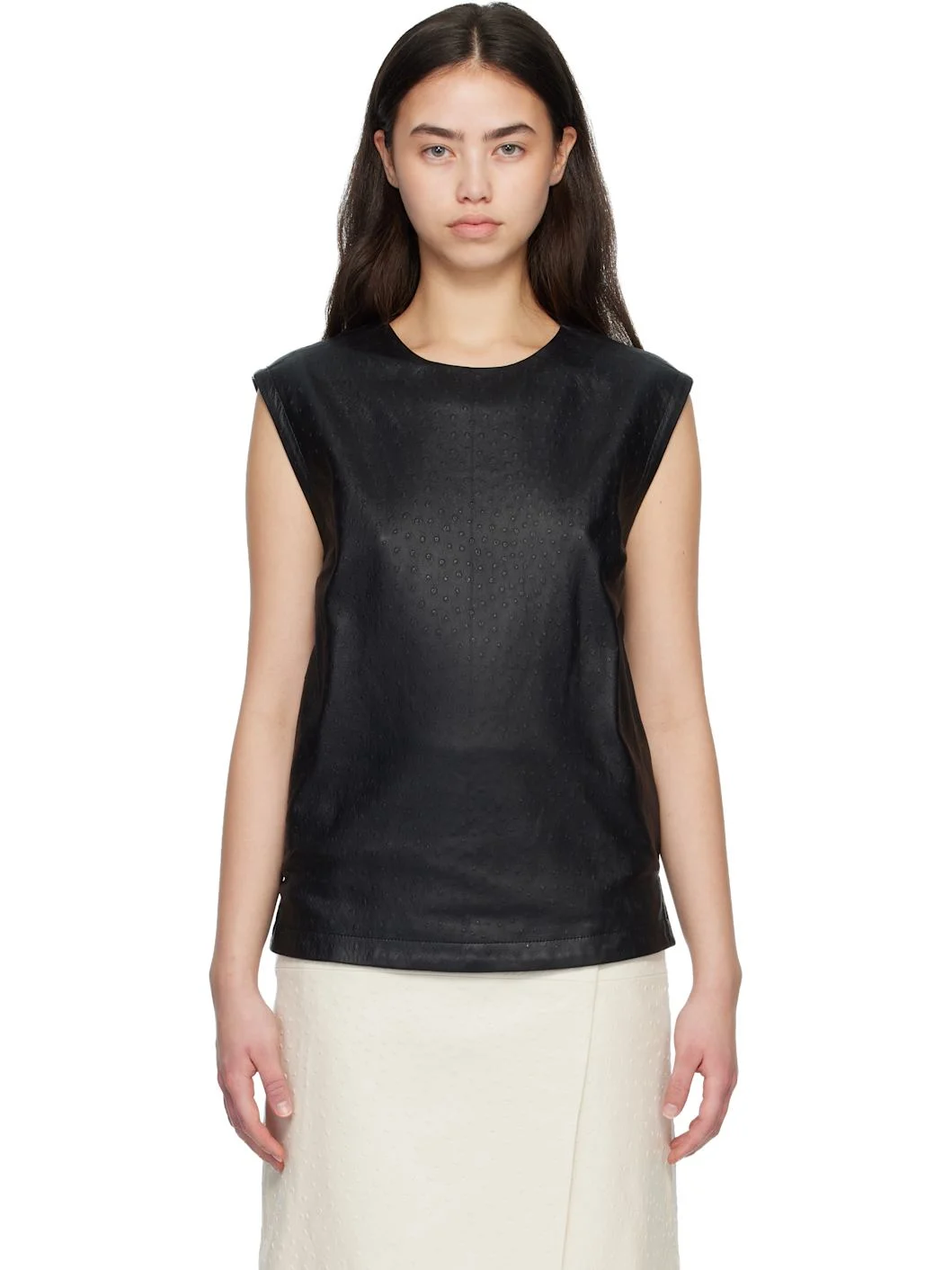 Black FIZA Ostrich-Effect Leather Blouse - 1