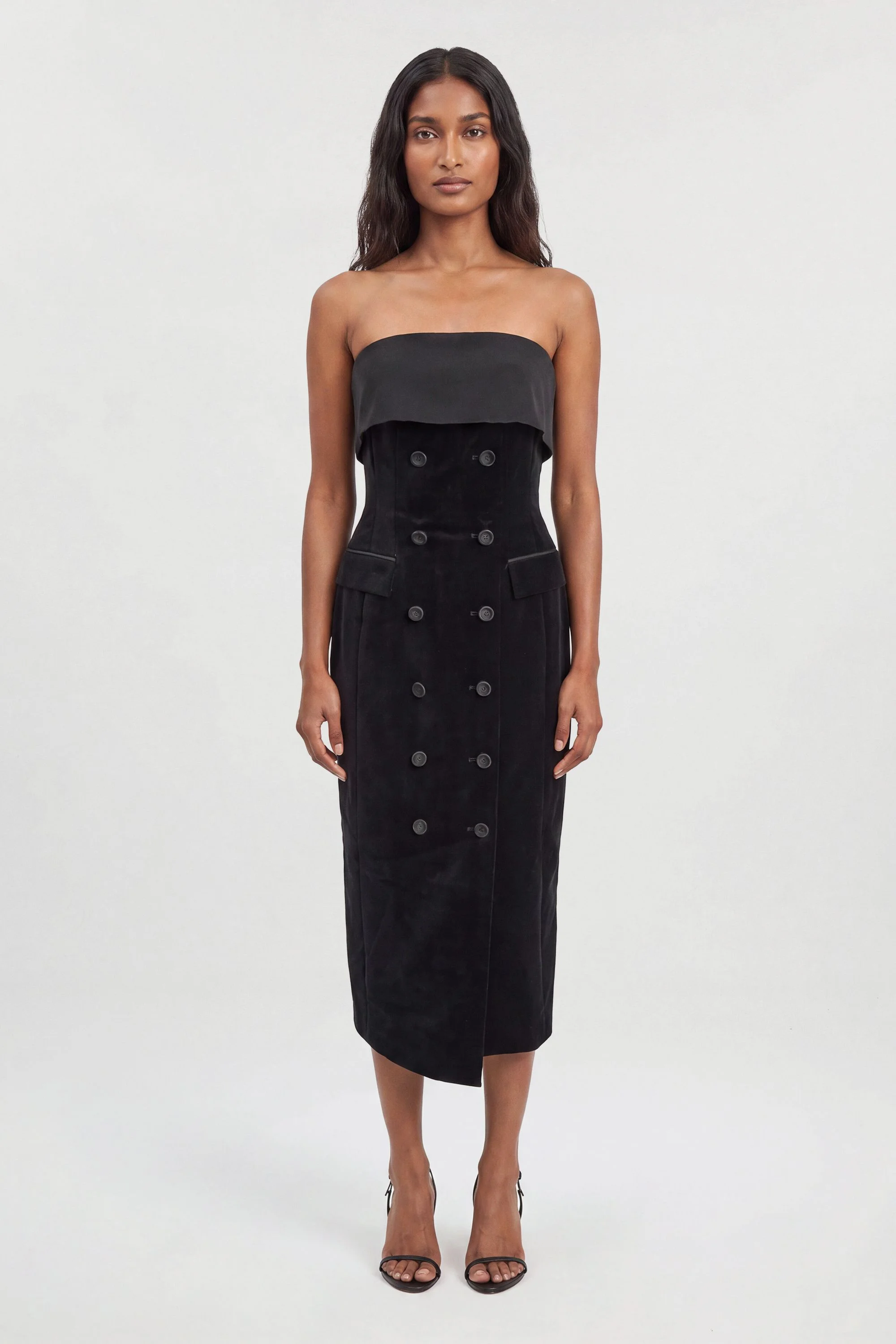 Velvet and Satin Mix Button Midi Dress - 1