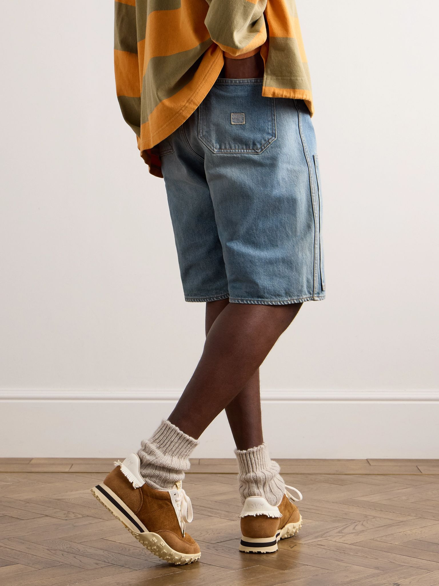 Straight-Leg Leather-Trimmed Embellished Denim Shorts Blue - 3