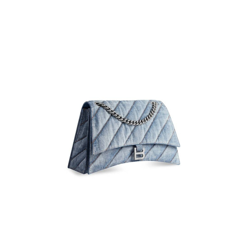 BALENCIAGA Women's Crush Medium Chain Bag Quilted In Denim in Blue outlook